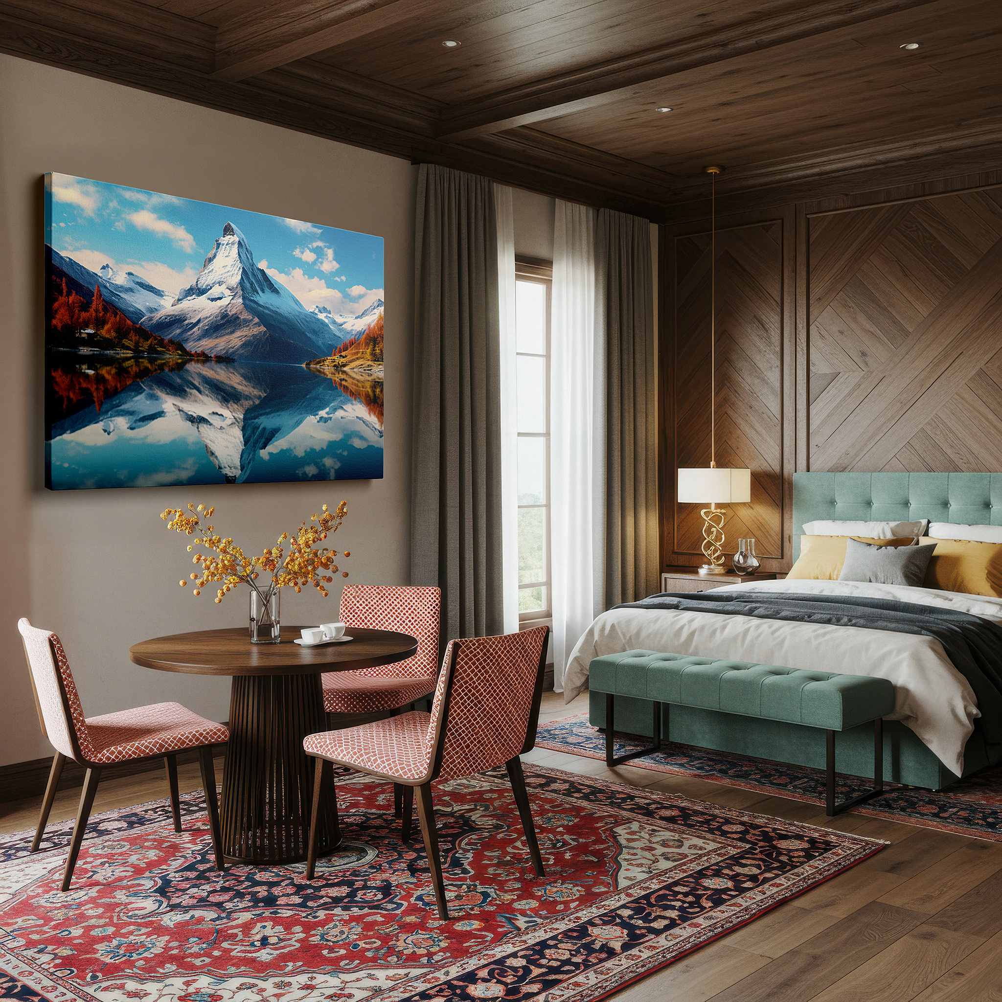 The 75×50 cm version anchors medium rooms without dominating them — autumn splendor at majestic mountain: tranquil lake reflection large wall art, canvas wall art, wall decor for office and bedroom