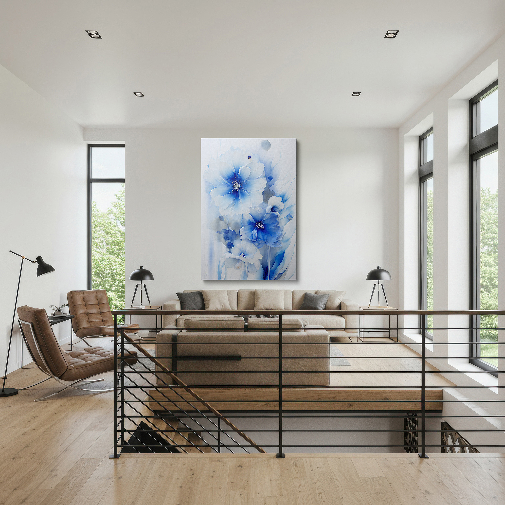 The 75×50 cm version anchors medium rooms without dominating them — blue blooms on abstract background: serene large wall art for office and bedroom decor, canvas wall art