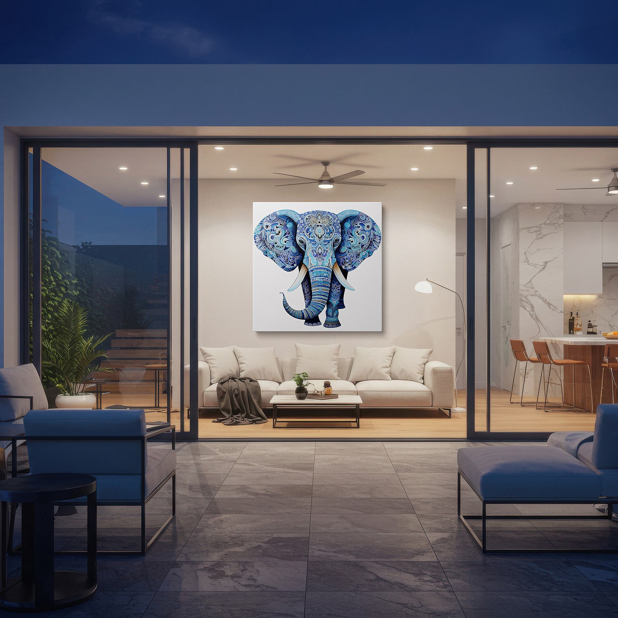 The 75×50 cm version anchors medium rooms without dominating them — blue elephant wall art featuring geometric patterns: a symbol of peace and cultural richness - large canvas art for office and home decor