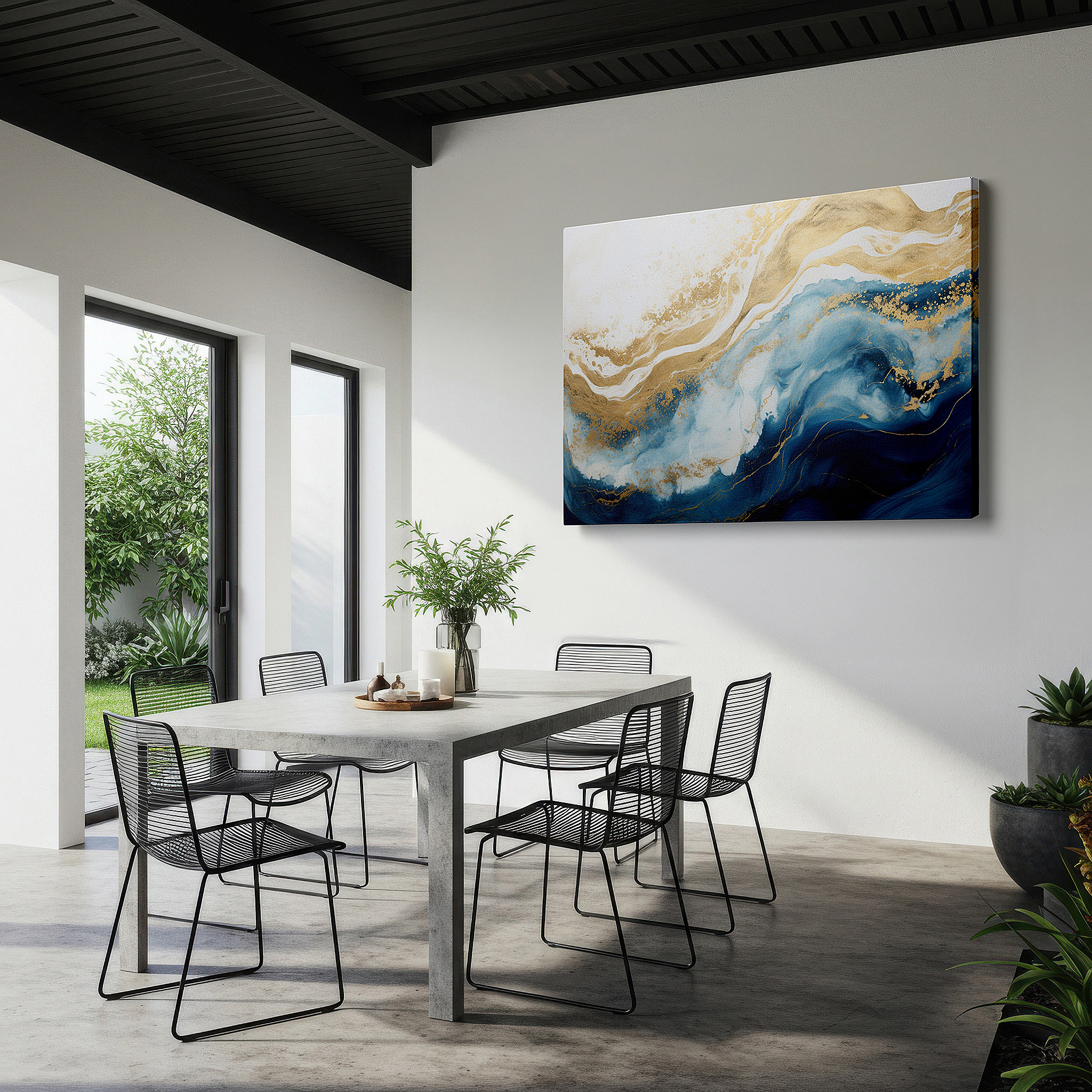 The 75×50 cm version anchors medium rooms without dominating them — blue and gold swirling ocean-inspired masterpiece: tranquil large wall art for modern decor, canvas wall art, office wall decor