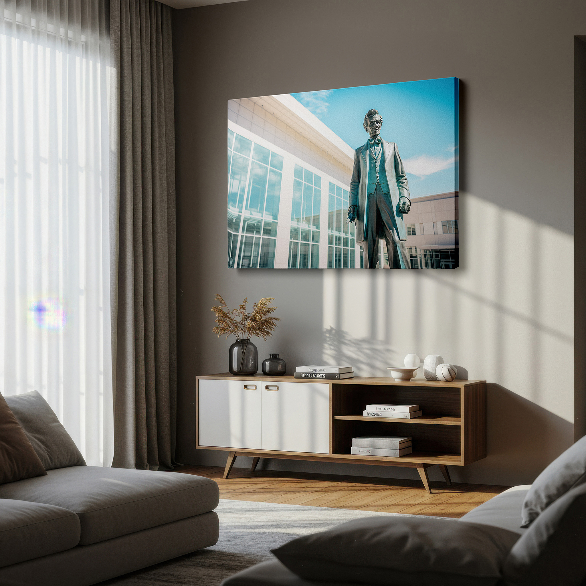 The 75×50 cm version anchors medium rooms without dominating them — bronze statue and modern architecture: a timeless conversation - large canvas wall art for office, bedroom, and living room decor