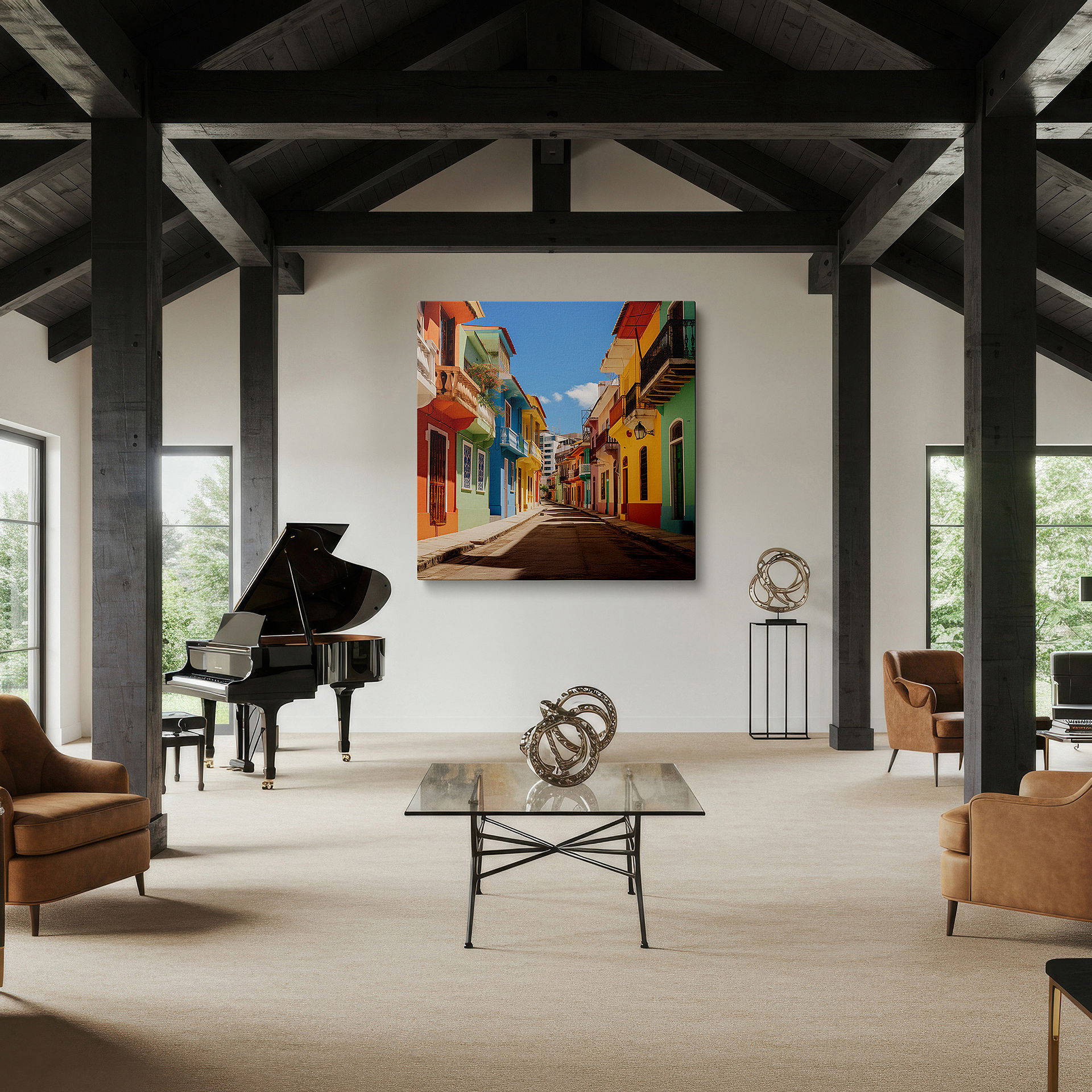 The 75×50 cm version anchors medium rooms without dominating them — cartagena vibrance: gateway to colombia's caribbean jewel - large wall art, canvas decor for office and bedroom