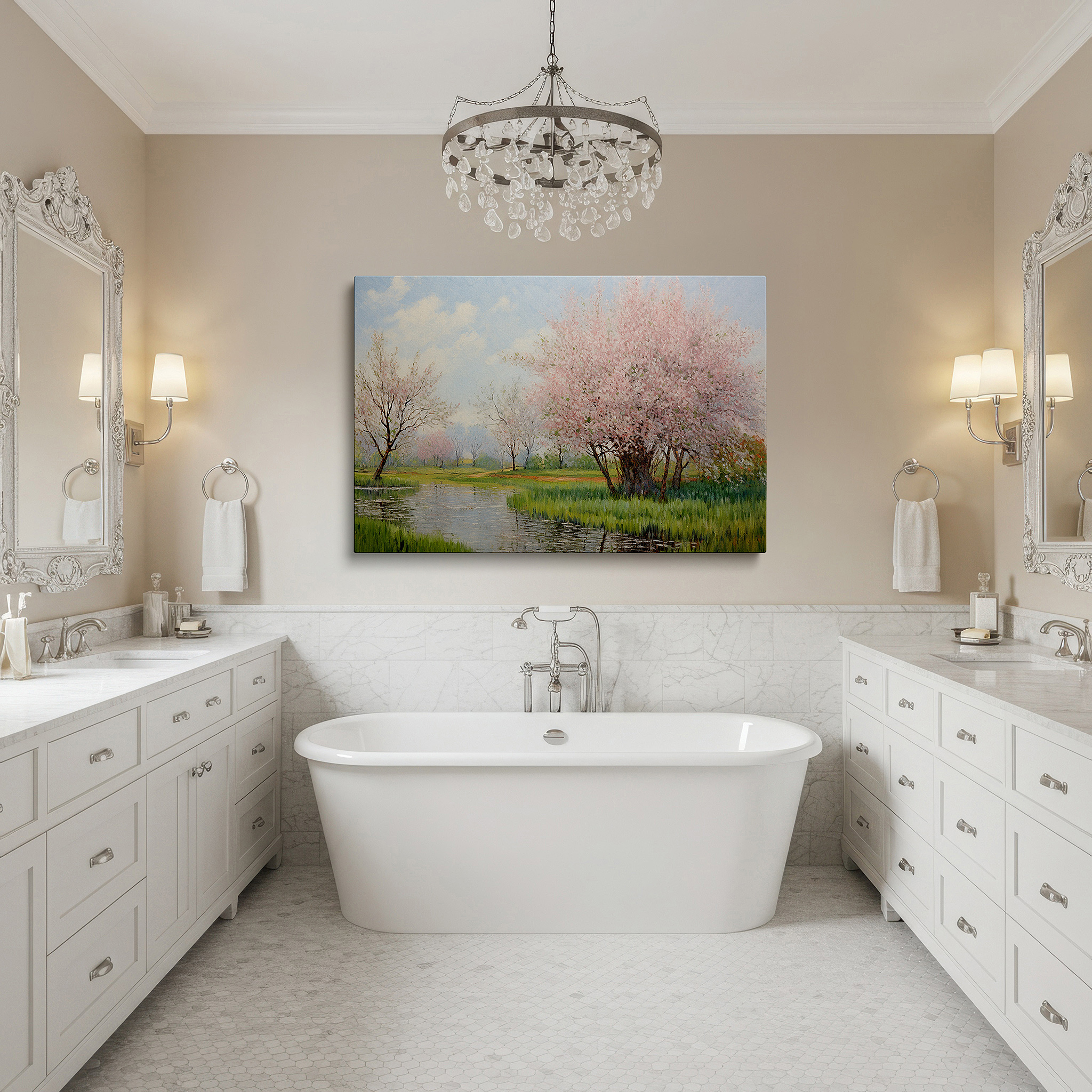 The 75×50 cm version anchors medium rooms without dominating them — cherry blossoms and tranquil waters spring essence large canvas wall art for office, bedroom, and living room decor