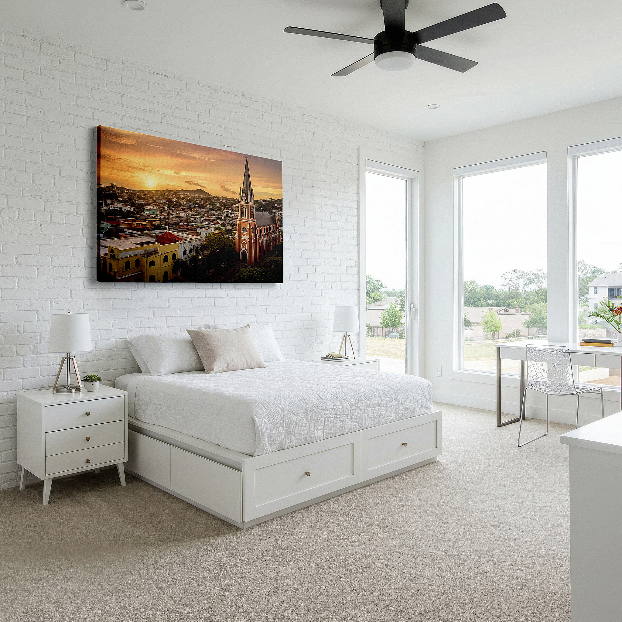 The 75×50 cm version anchors medium rooms without dominating them — coastal town sunset serenity: fiery hues and tranquil silhouettes - large canvas wall art for home and office decor