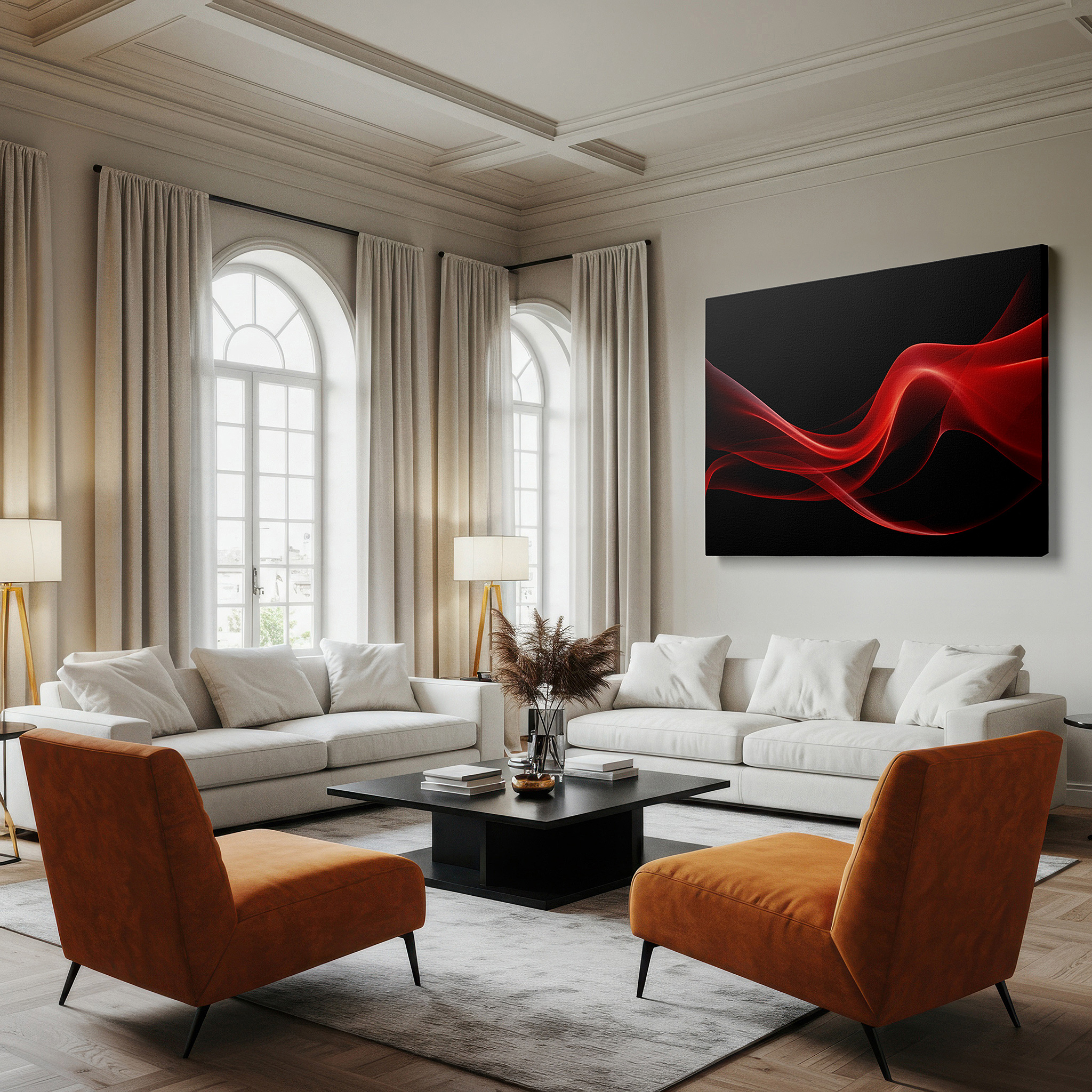 The 75×50 cm version anchors medium rooms without dominating them — contemporary red waves on black - mesmerizing fluid digital art large wall decor, canvas art, office wall art