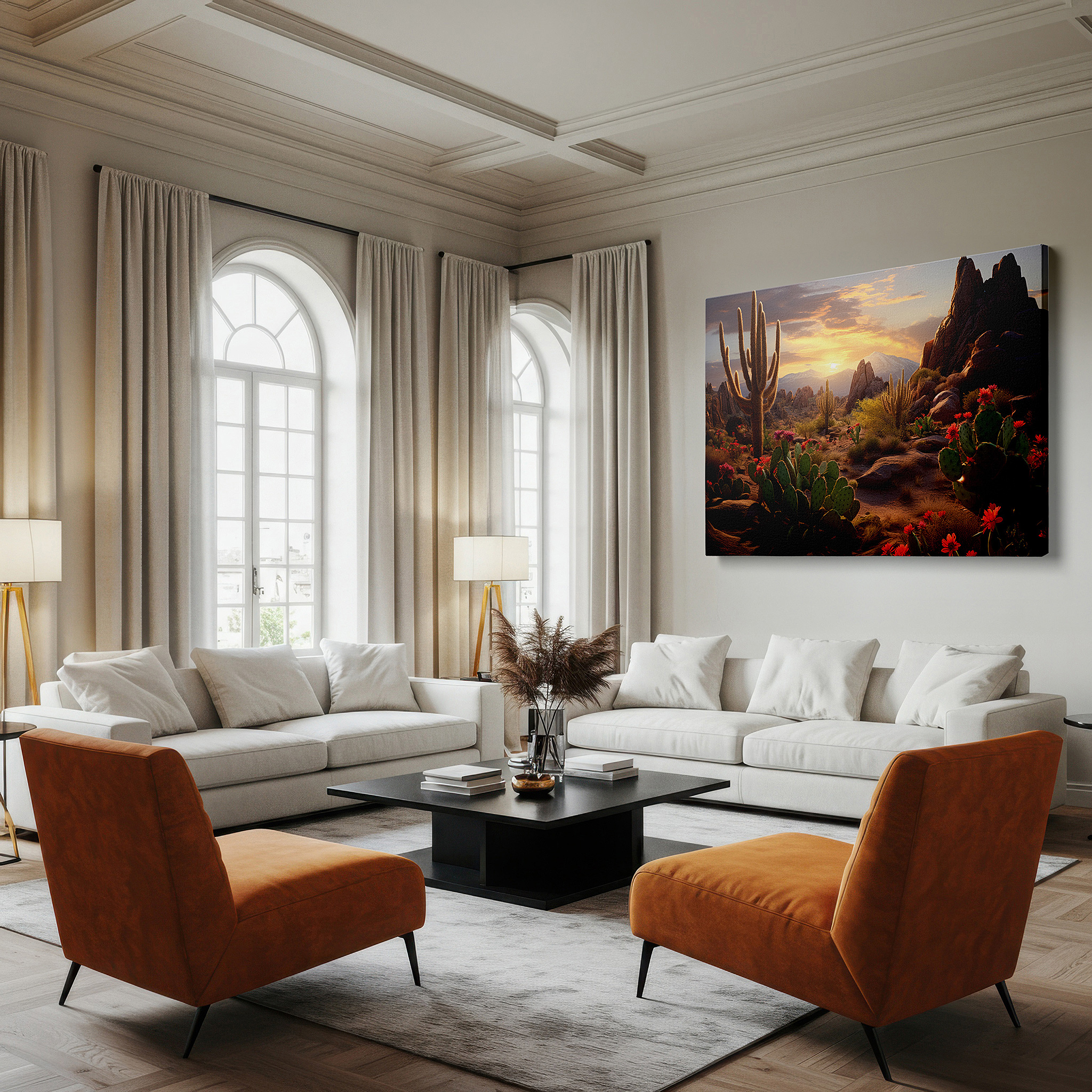 The 75×50 cm version anchors medium rooms without dominating them — desert mountain sunset with bright flowers, large canvas wall art for office decor