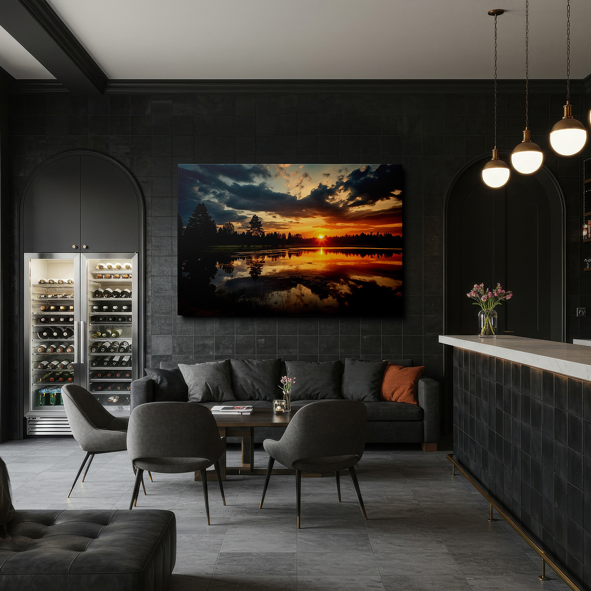 The 75×50 cm version anchors medium rooms without dominating them — dramatic sunset over reflective pond surrounded by lush trees large wall art, canvas wall art, wall decor for office, bedroom, and living room