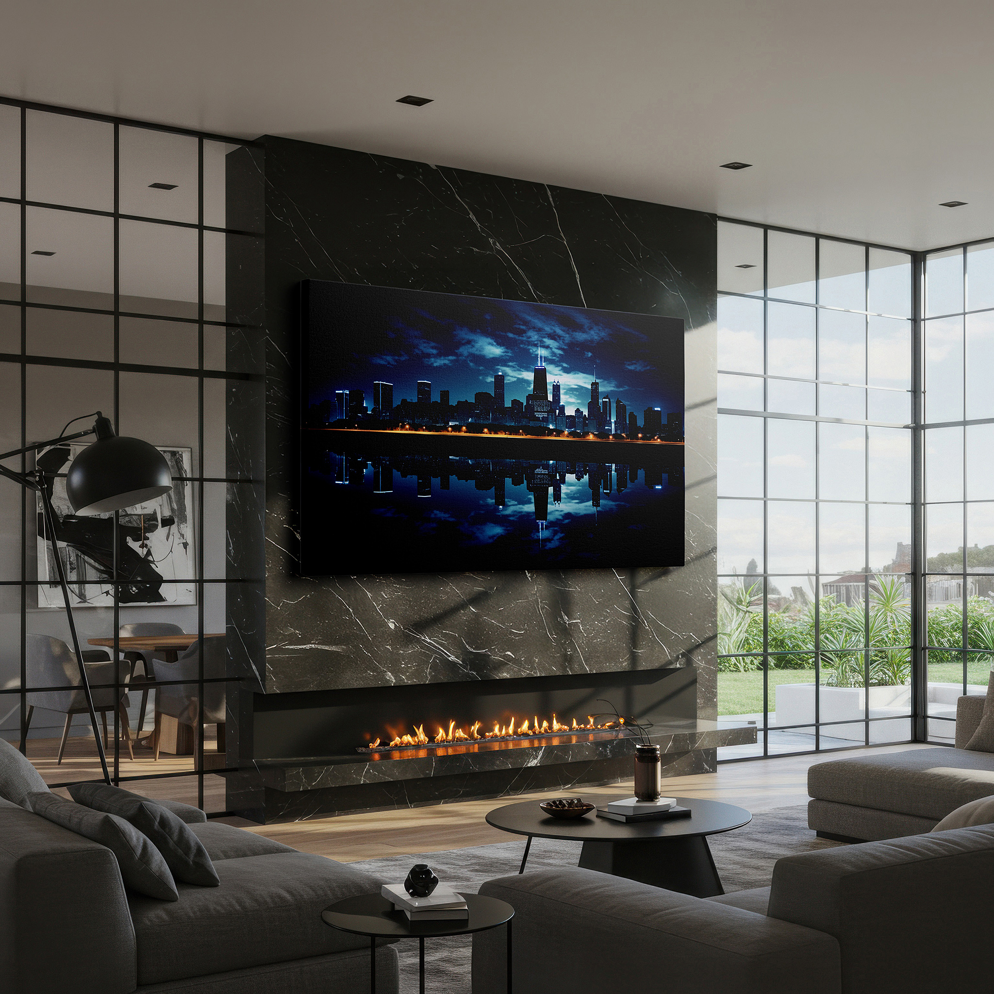The 75×50 cm version anchors medium rooms without dominating them — dynamic chicago skyline at night with bright city lights and peaceful water reflections - large canvas wall art for office decor