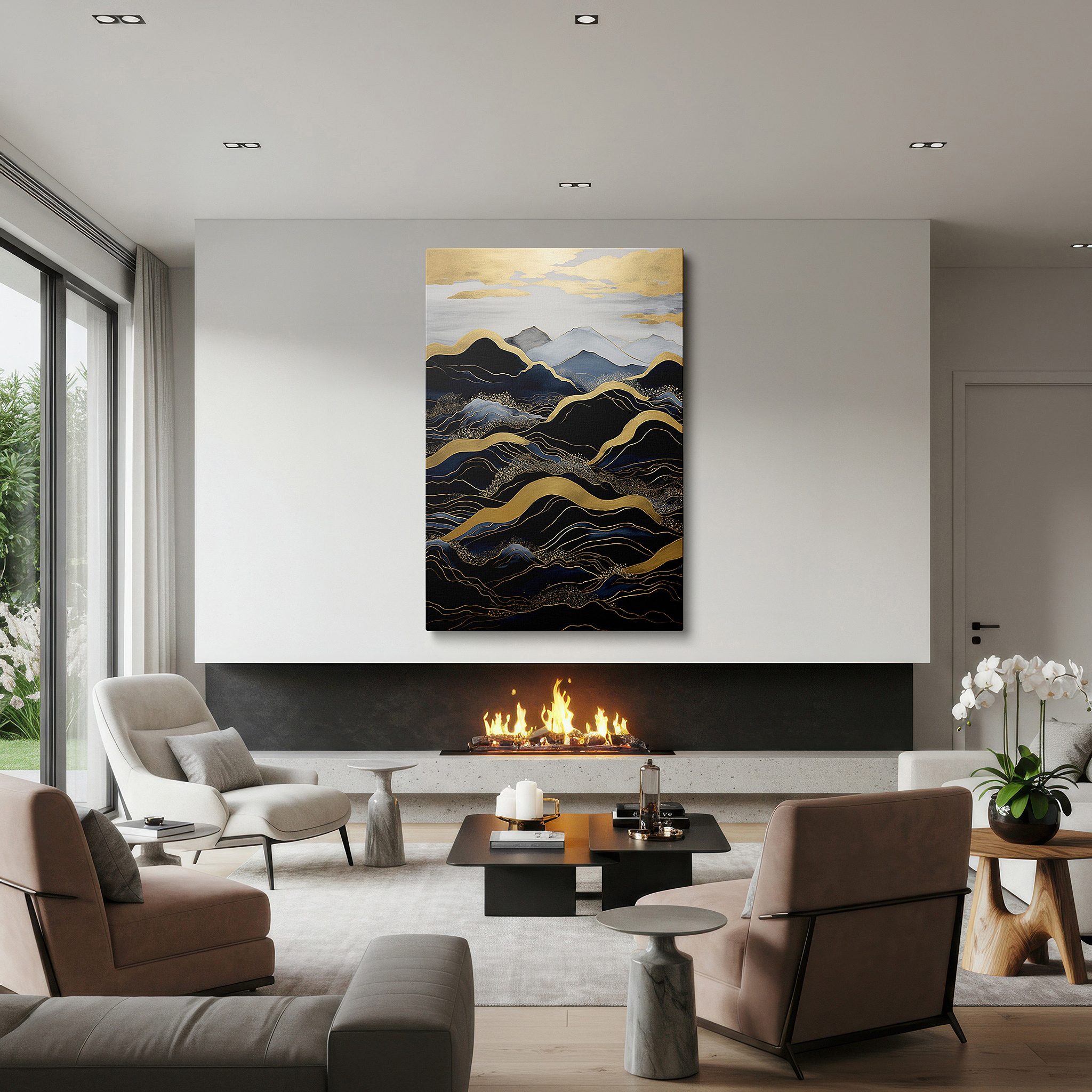 The 75×50 cm version anchors medium rooms without dominating them — elegant black and gold majestic mountains, luxurious large wall art, canvas decor for office and bedroom