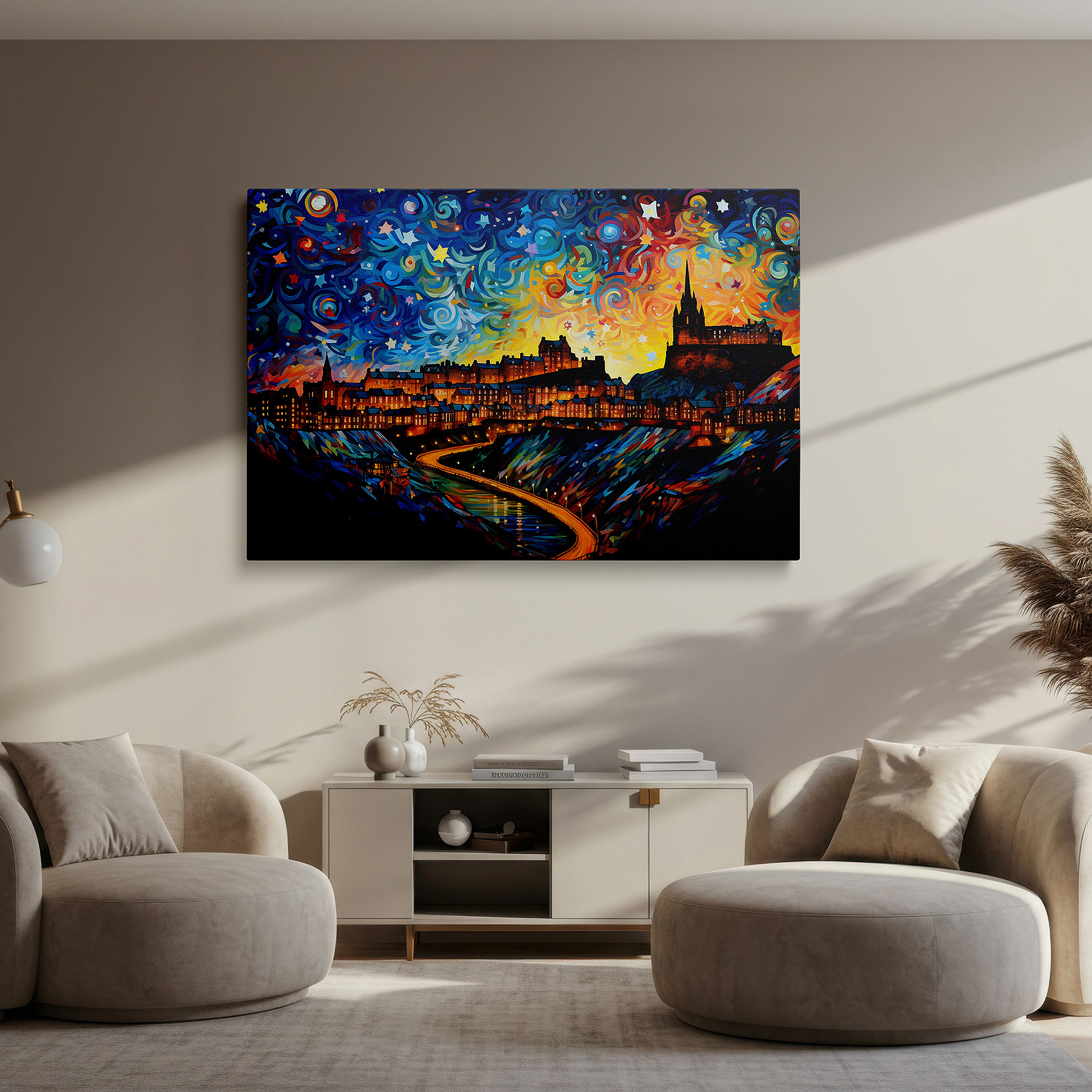 The 75×50 cm version anchors medium rooms without dominating them — enchanted edinburgh beneath starlit skies - vibrant and magical cityscape large wall art, canvas wall art, wall decor for office and bedroom