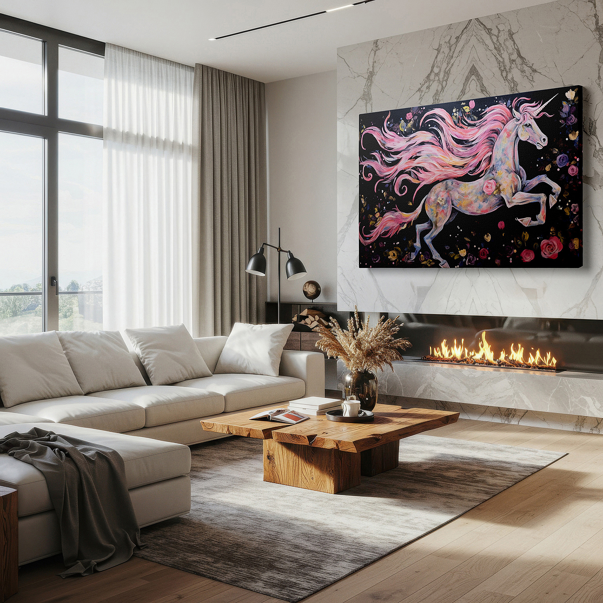 The 75×50 cm version anchors medium rooms without dominating them — enchanted unicorn in a flower-filled fantasy world: elegant and magical large wall art for office and bedroom decor