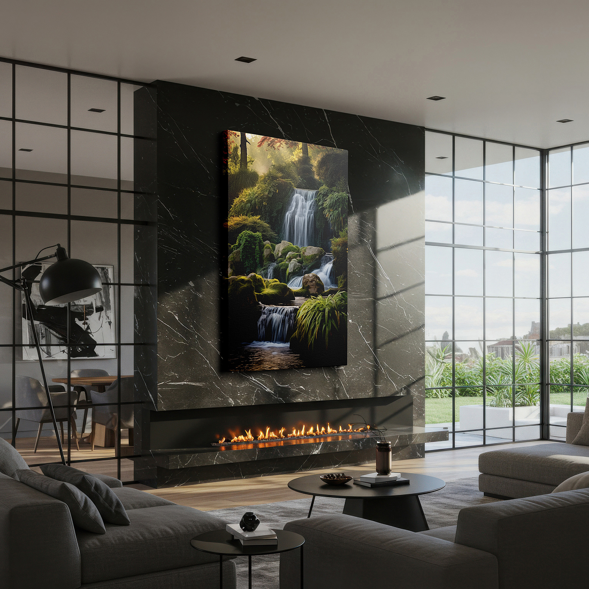 The 75×50 cm version anchors medium rooms without dominating them — enchanted waterfall oasis wall art: large canvas featuring moss-covered rocks and tranquil pool, ideal for office and bedroom decor