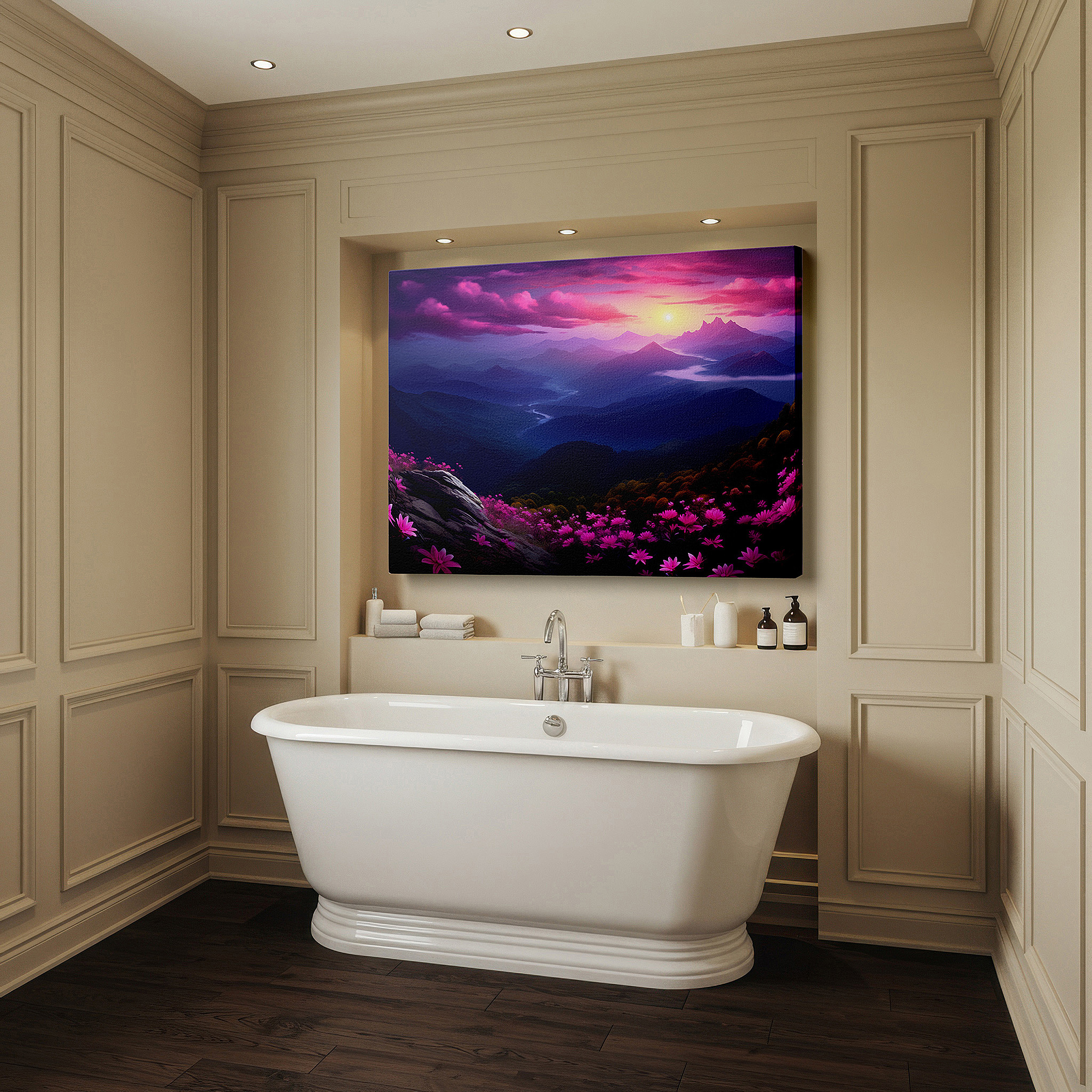 The 75×50 cm version anchors medium rooms without dominating them — enchanting floral landscape with stunning sunset - large canvas wall art for home and office decor