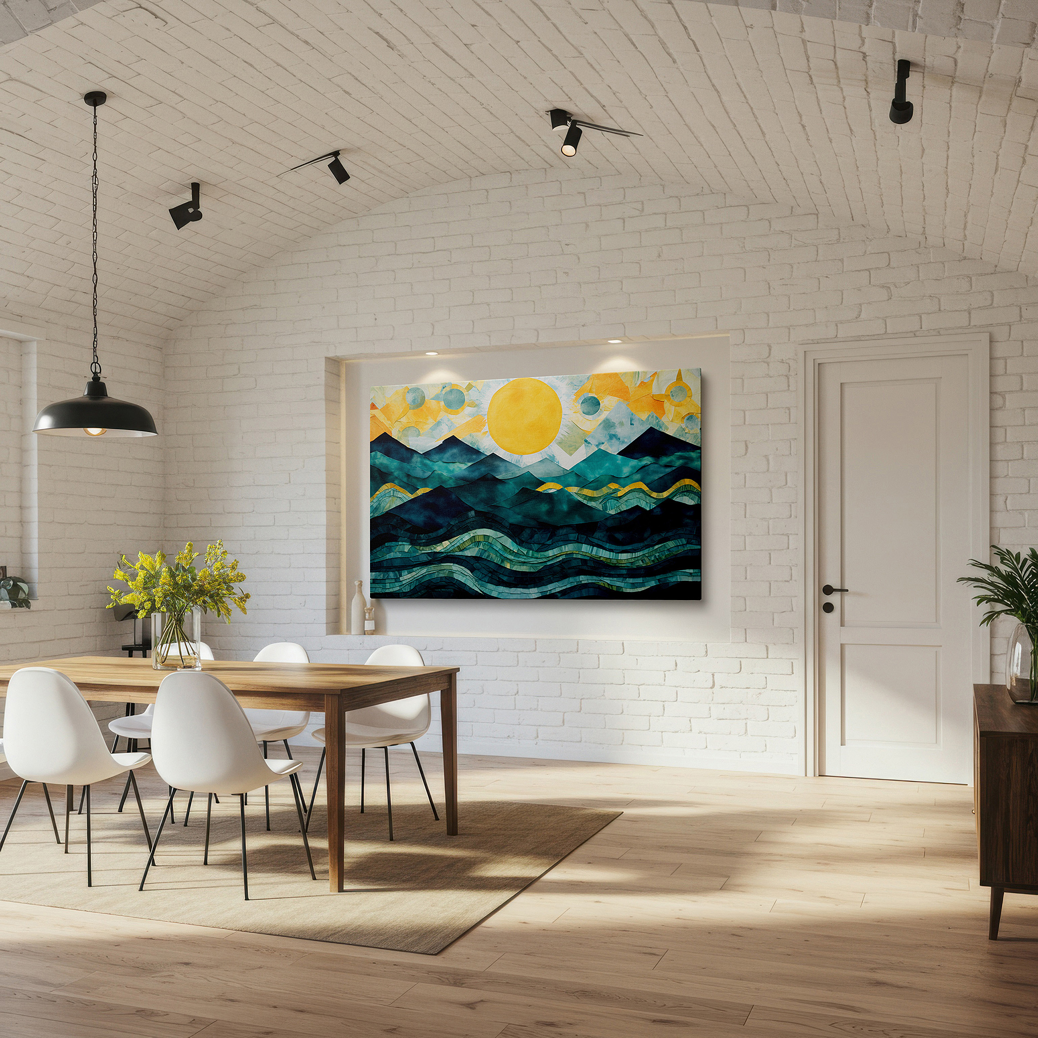The 75×50 cm version anchors medium rooms without dominating them — enchanting seascape featuring gentle waves and majestic mountains beneath a radiant sun - large canvas wall art for office decor