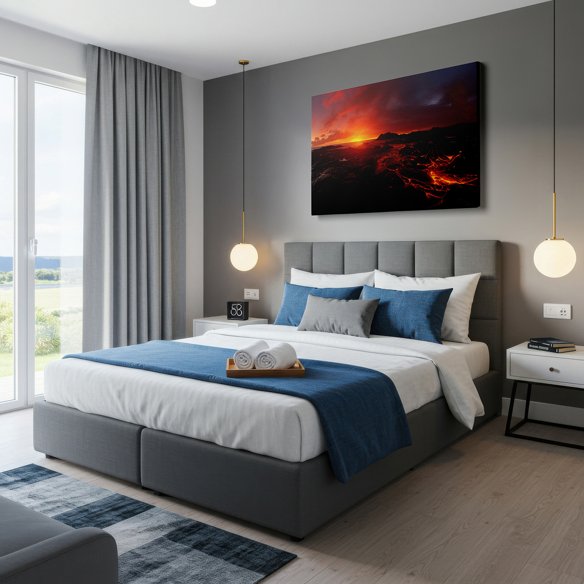 The 75×50 cm version anchors medium rooms without dominating them — fiery eruption and serene ocean at sunset: a vivid dance of creation and destruction - large wall art, canvas wall art, wall decor for office