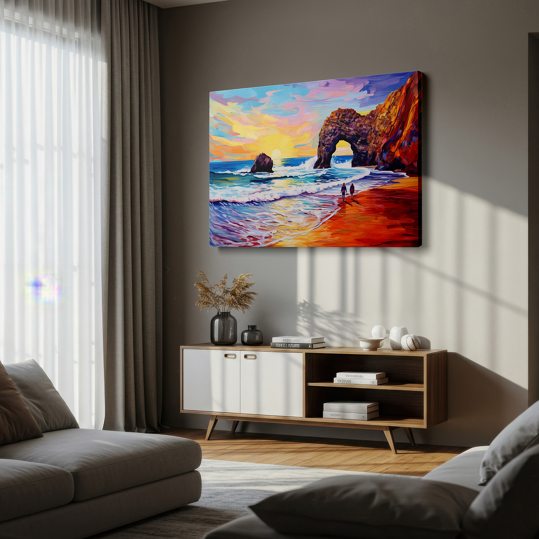 The 75×50 cm version anchors medium rooms without dominating them — golden beach sunset canvas featuring figures walking together - ideal for large wall decor in offices and bedrooms