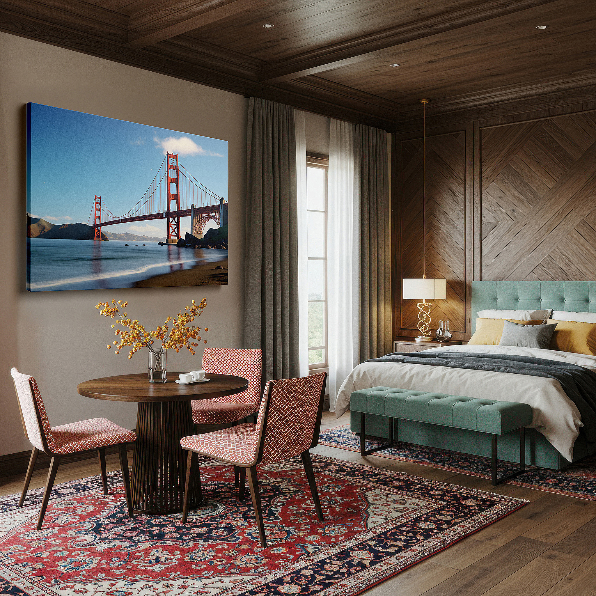 The 75×50 cm version anchors medium rooms without dominating them — golden gate bridge - a majestic blend of engineering and natural beauty, large canvas wall art for home and office decor