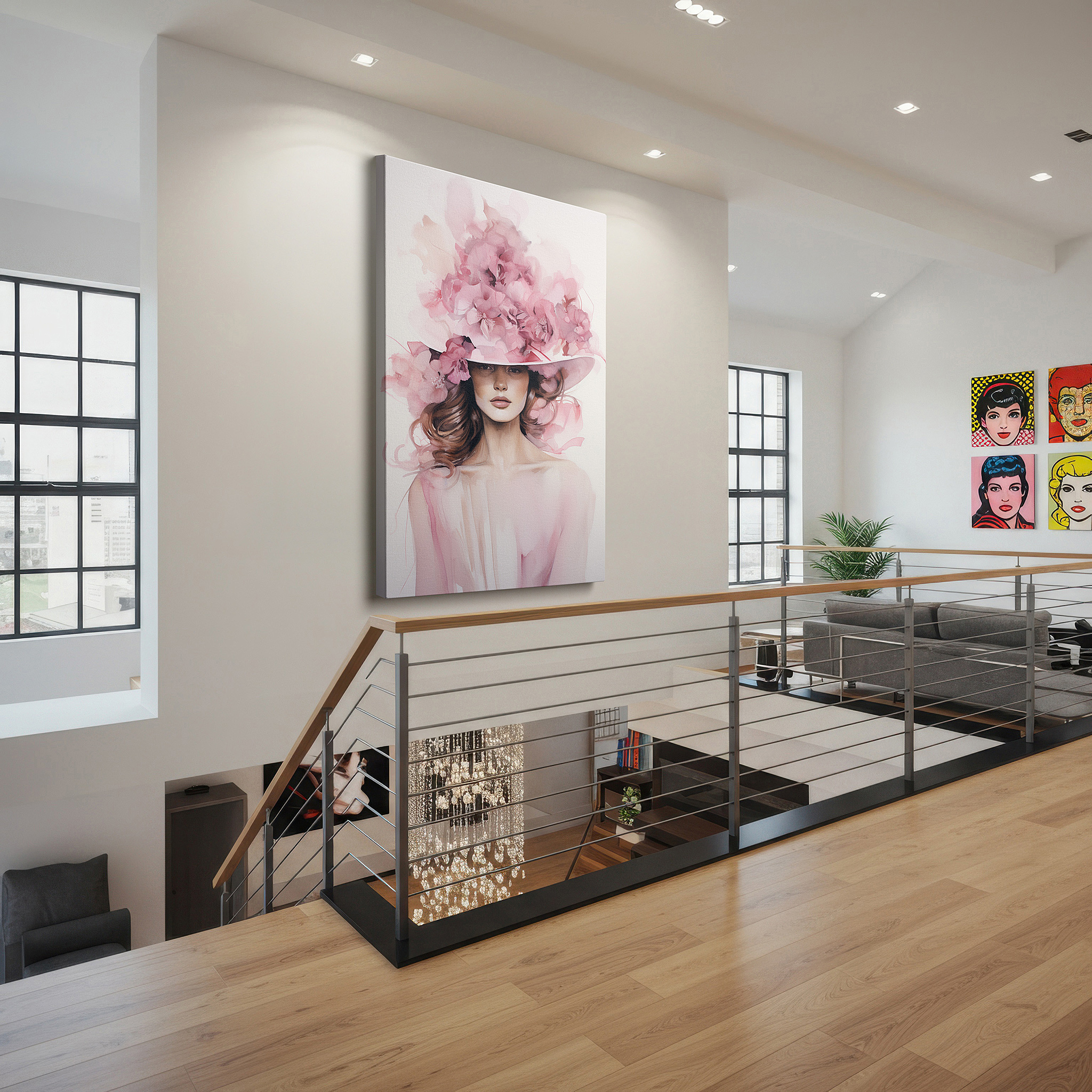 The 75×50 cm version anchors medium rooms without dominating them — grace and bloom - tranquil depiction of a woman in a floral hat, soft pastel large canvas wall art for home and office decor