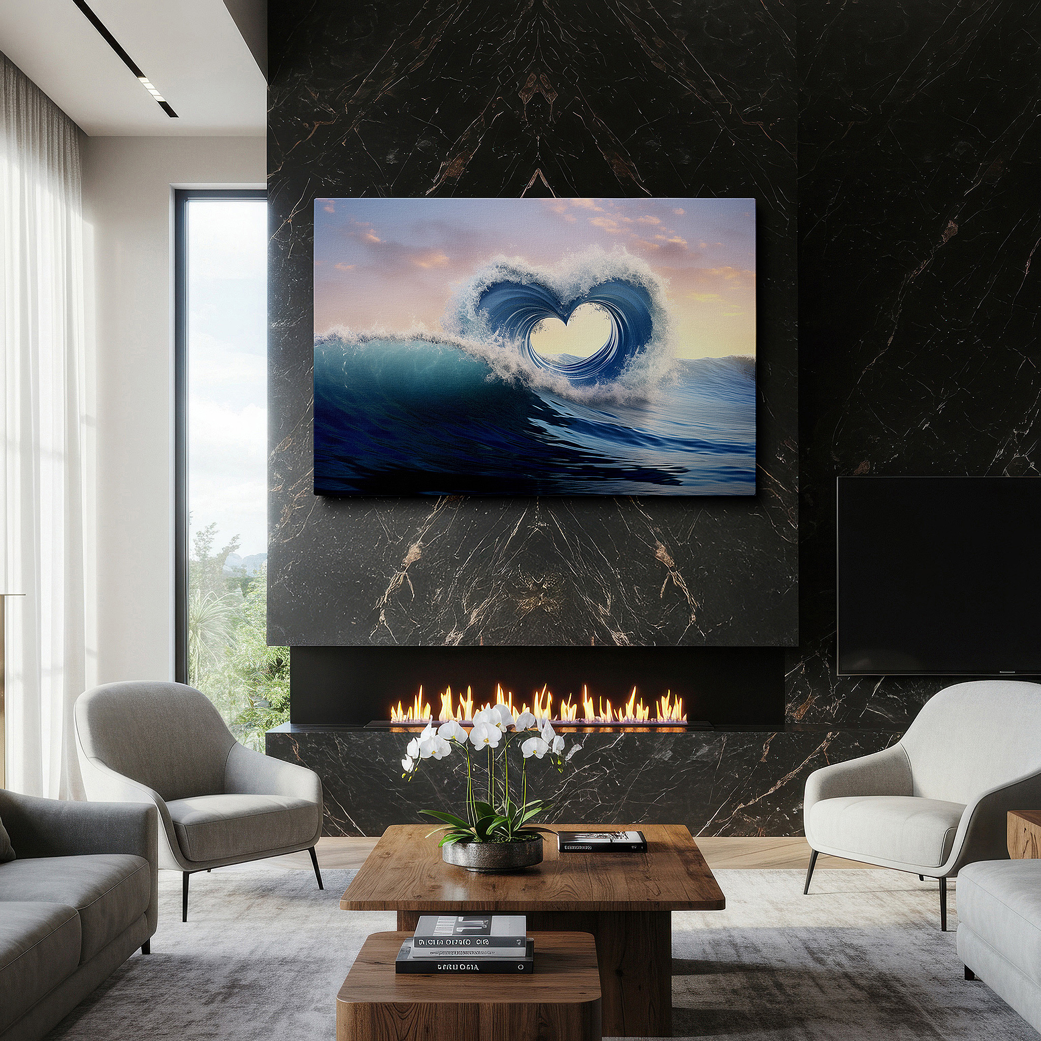The 75×50 cm version anchors medium rooms without dominating them — "heart of the ocean" - serene seascape featuring a heart-shaped wave at dawn, large canvas wall art for home and office decor