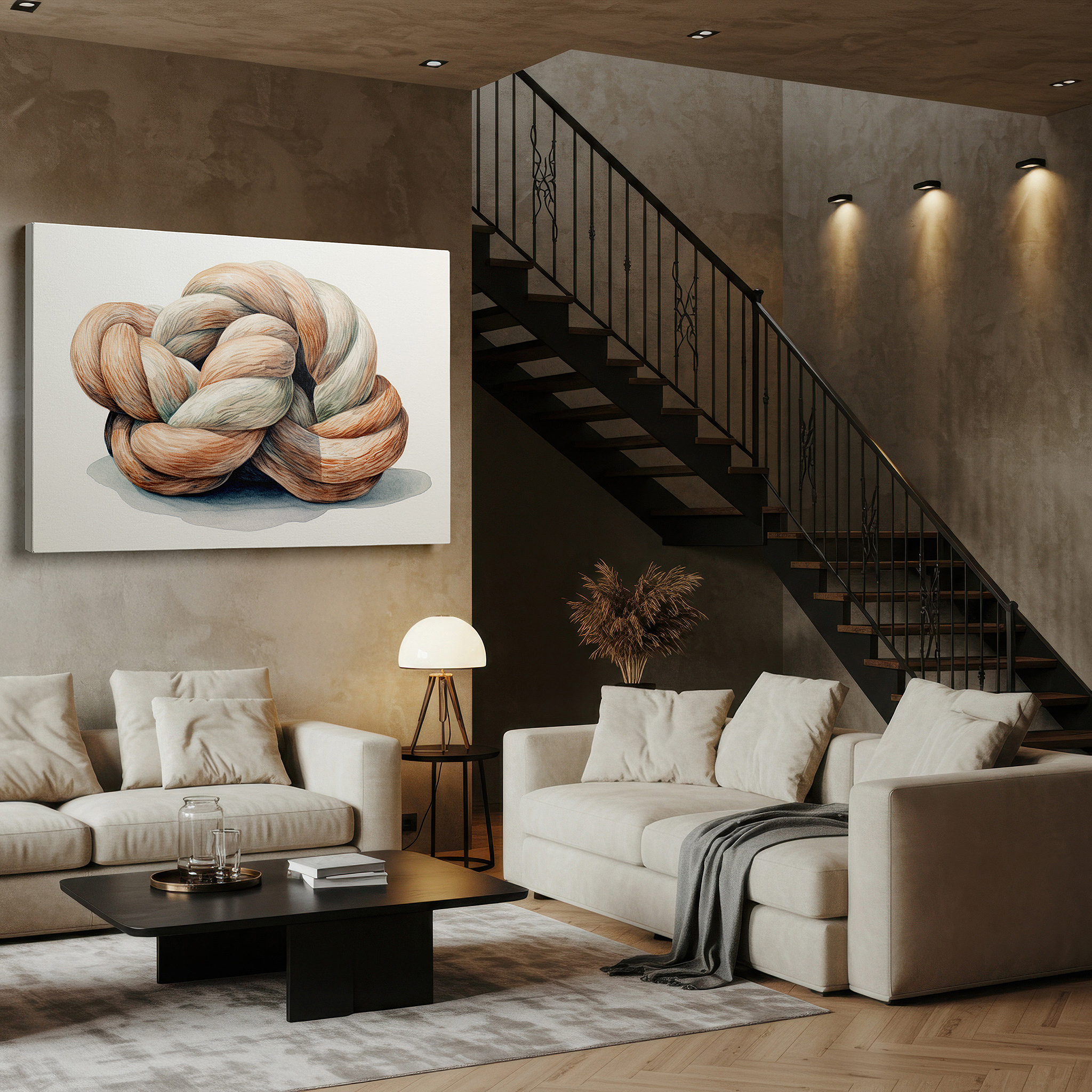 The 75×50 cm version anchors medium rooms without dominating them — intricate rope knot canvas art representing life's connections - ideal for office and bedroom wall decor