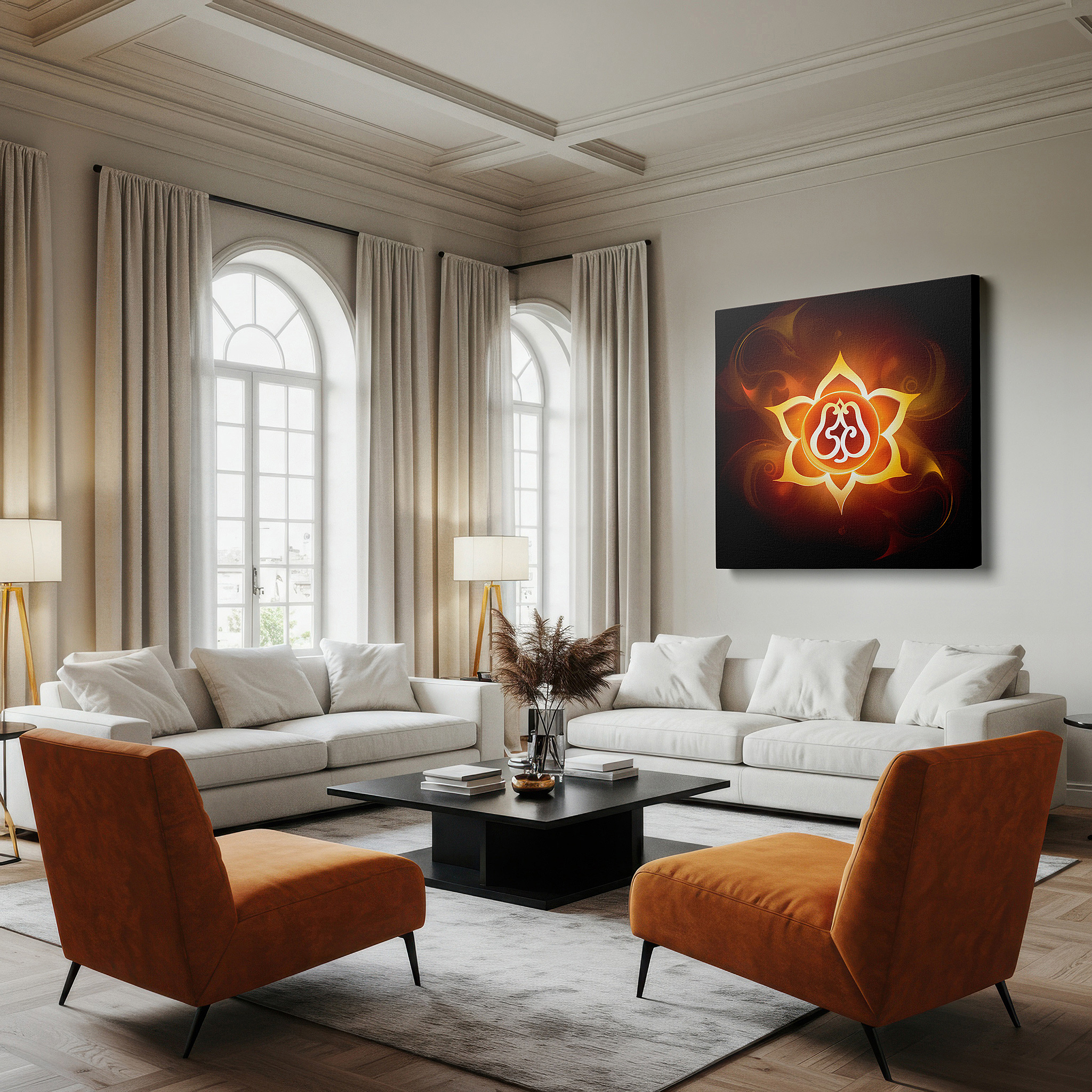 The 75×50 cm version anchors medium rooms without dominating them — lotus of enlightenment wall art: radiant symbol of purity and resilience in fiery hues - large canvas art for home and office decor, perfect for living room and bedroom