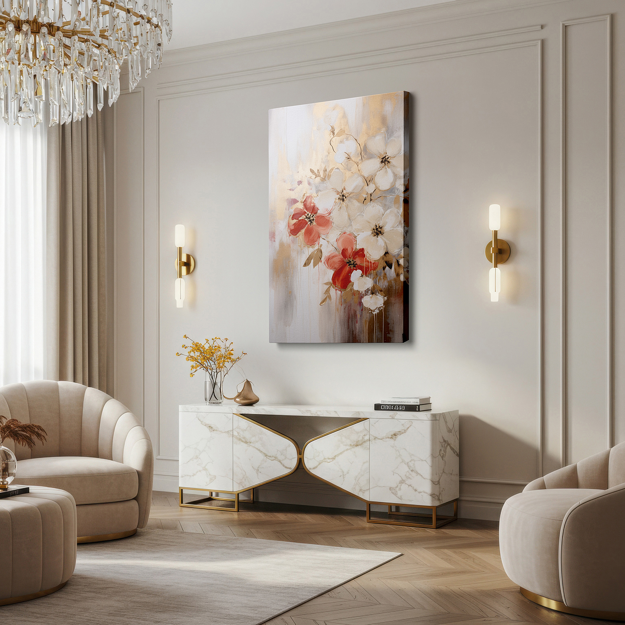 The 75×50 cm version anchors medium rooms without dominating them — luxurious bouquet featuring golden highlights, serene mix of soft roses and delicate daisies, large canvas wall art for home and office decor