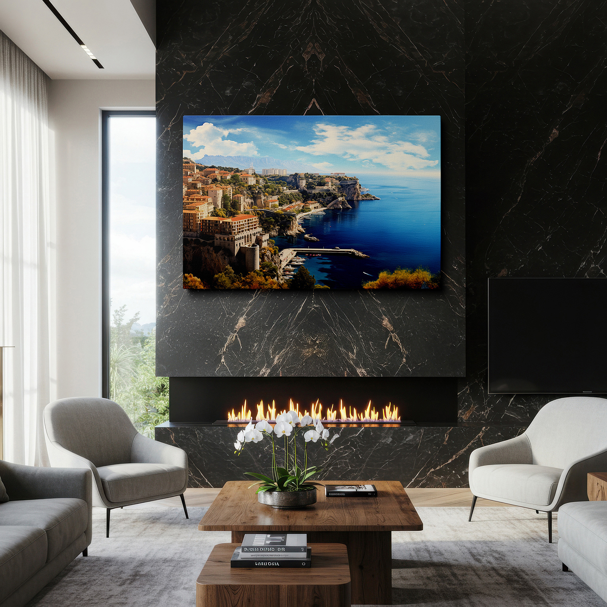 The 75×50 cm version anchors medium rooms without dominating them — luxurious coastal elegance meets wild nature in a cliffside mediterranean vista: large wall art, canvas wall art, wall decor for office