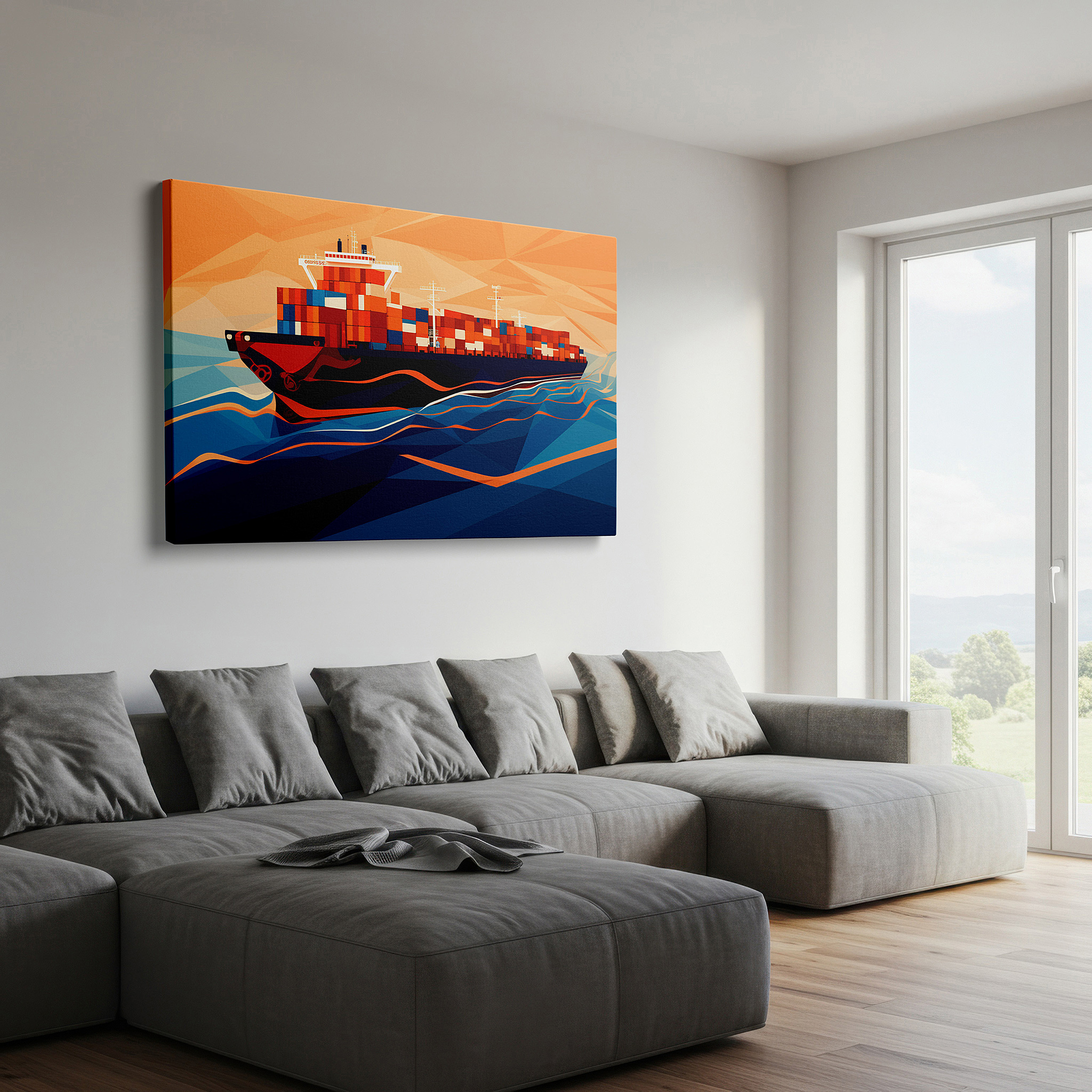 The 75×50 cm version anchors medium rooms without dominating them — majestic cargo ship canvas wall art: tranquil ocean waves at sunset for office, bedroom, and home decor
