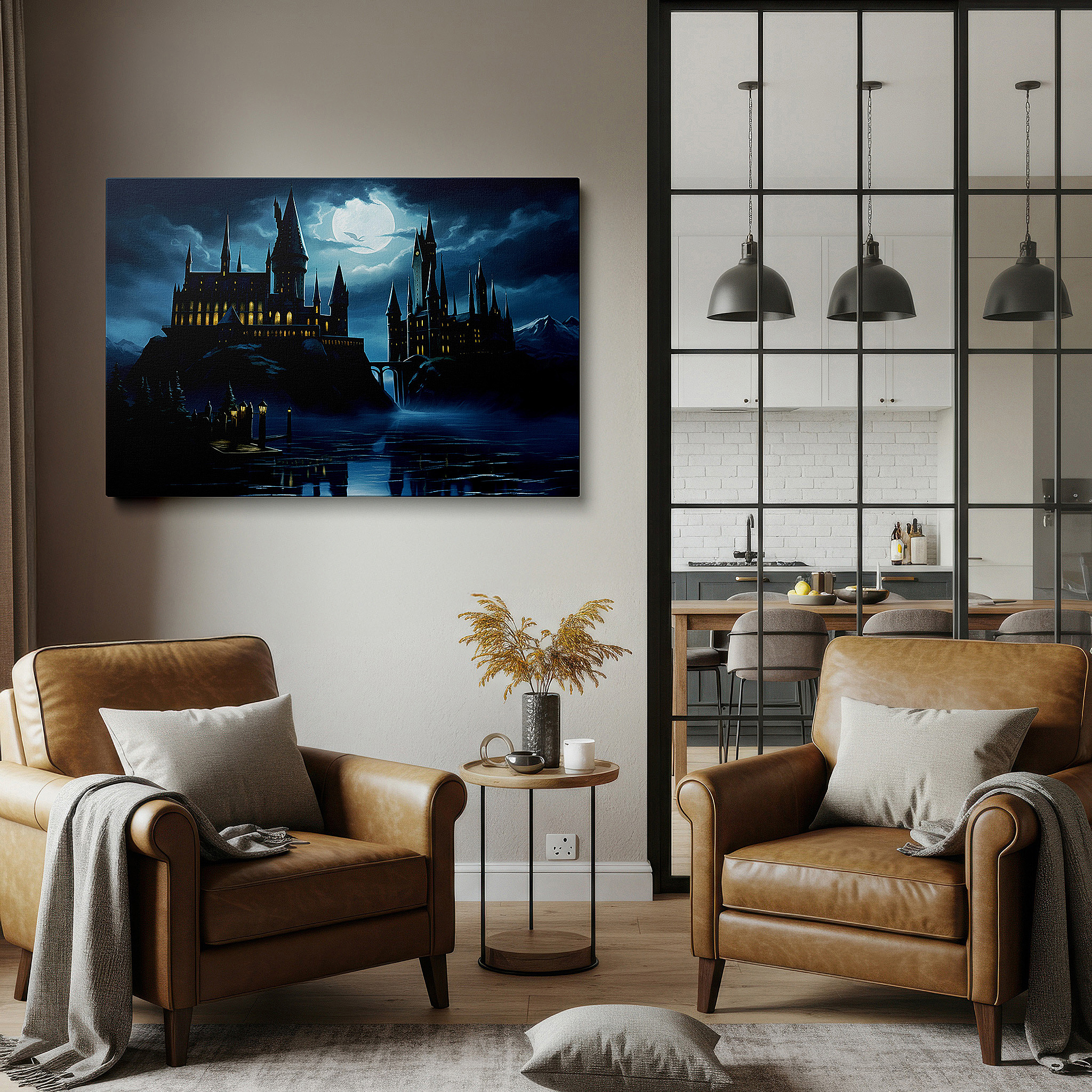 The 75×50 cm version anchors medium rooms without dominating them — majestic castle beneath a moonlit sky: a portal to enchanted lands - large canvas wall art for office, bedroom, and living room decor