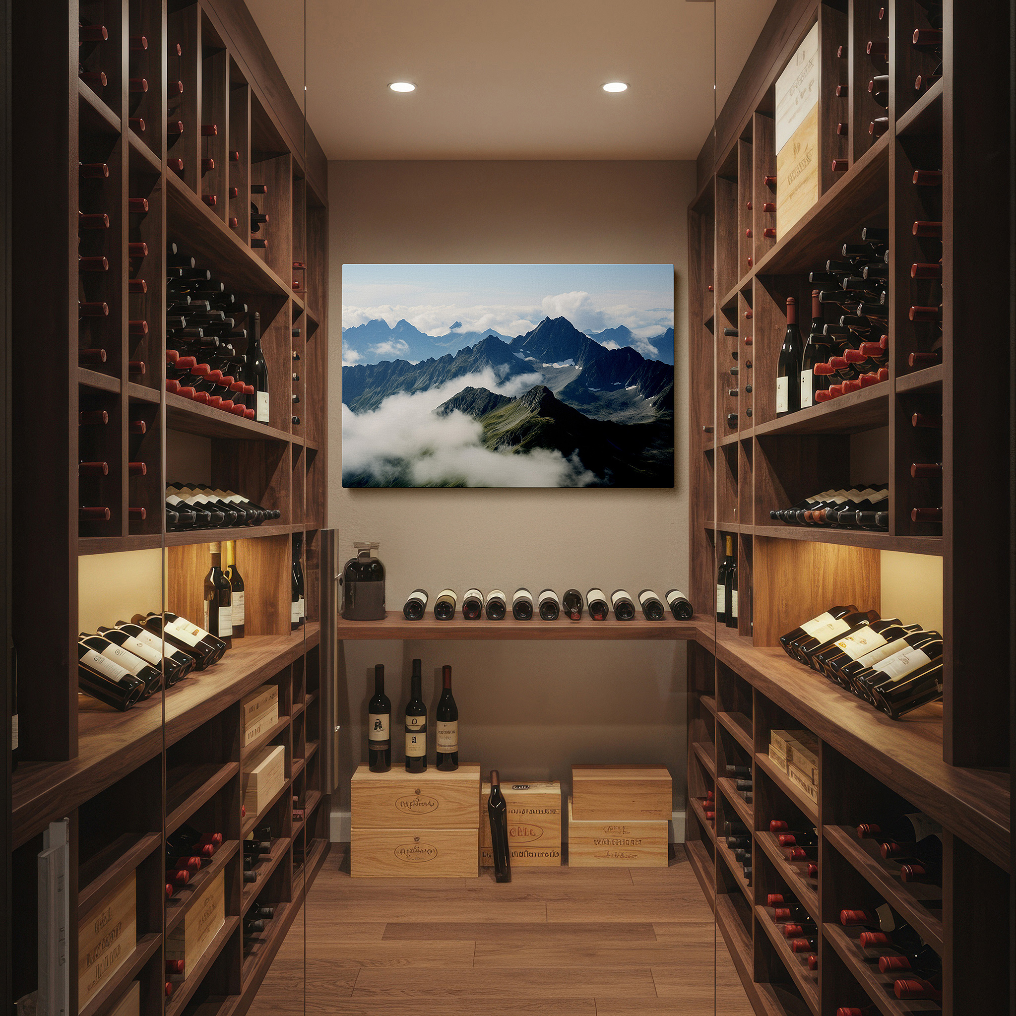 The 75×50 cm version anchors medium rooms without dominating them — majestic mountain peaks ascending beyond the clouds, panoramic landscape large canvas wall art for office and bedroom decor