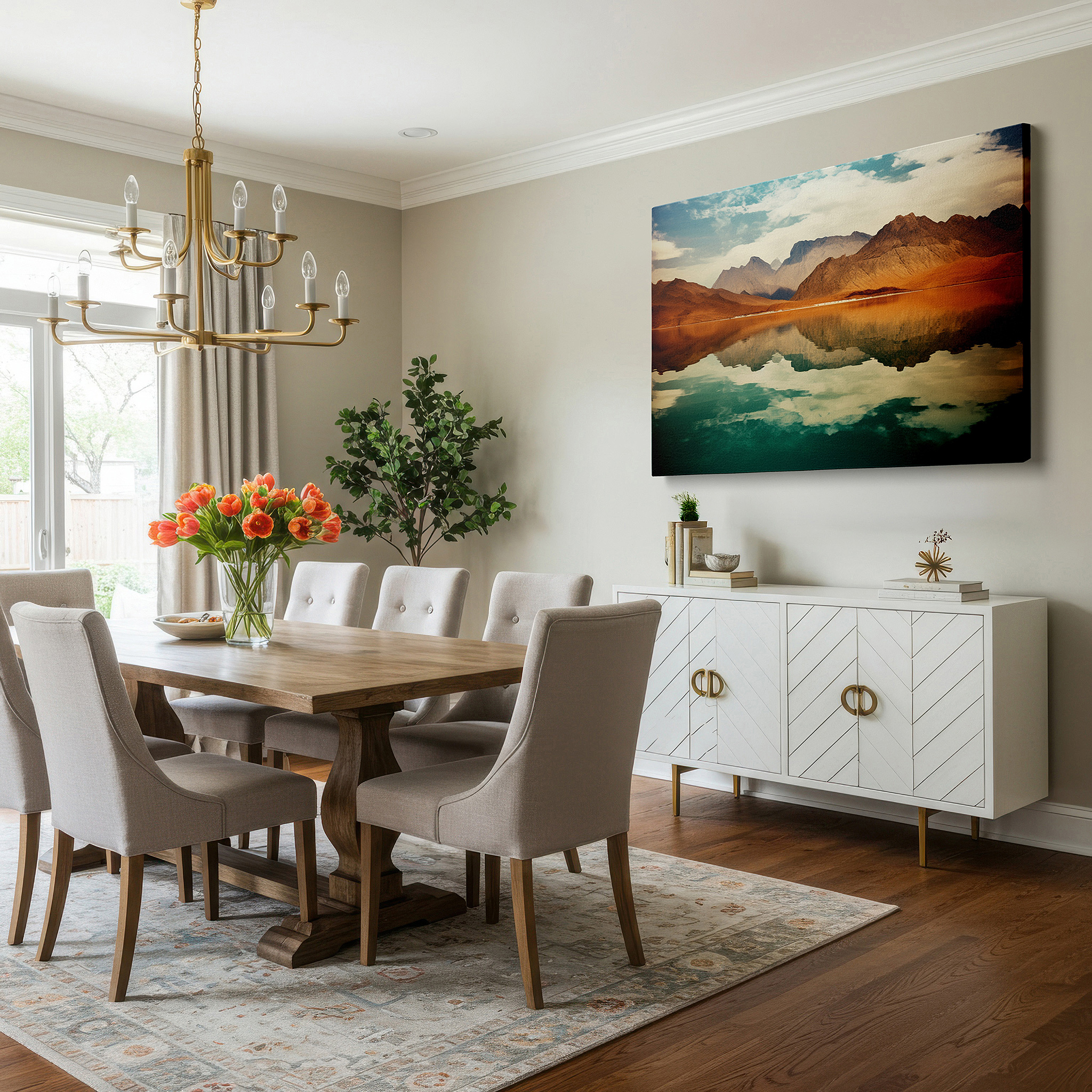 The 75×50 cm version anchors medium rooms without dominating them — majestic mountains and serene waters: celebrating nature's splendor - large wall art, canvas wall art, wall decor for offices and bedrooms