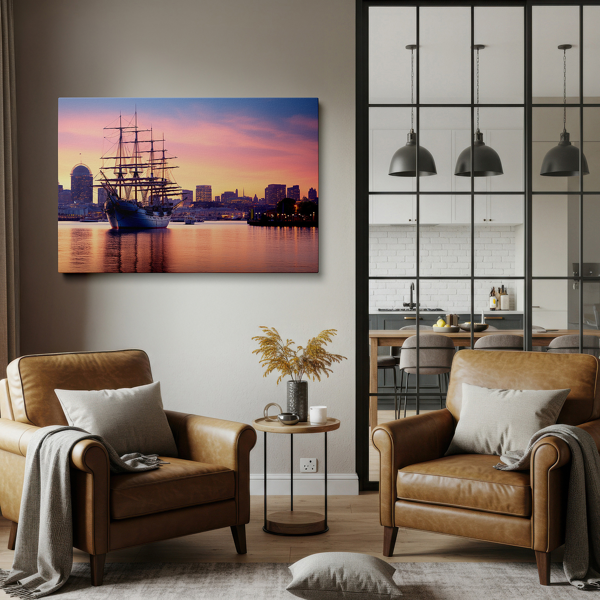 The 75×50 cm version anchors medium rooms without dominating them — majestic sailing ship by waterfront with vibrant city skyline at sunset - large canvas wall art for office and bedroom decor