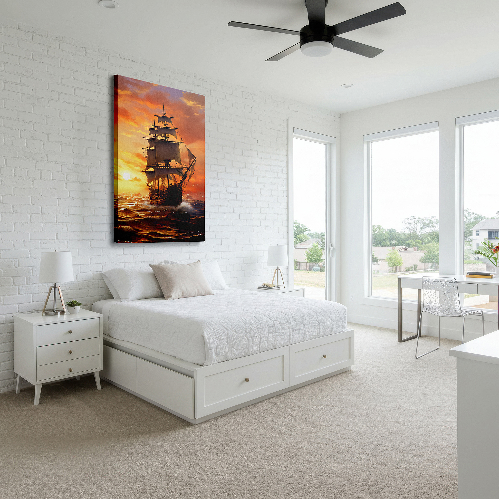 The 75×50 cm version anchors medium rooms without dominating them — majestic ship sailing seascape twilight glow large wall art, canvas wall art, wall art decor for office and bedroom