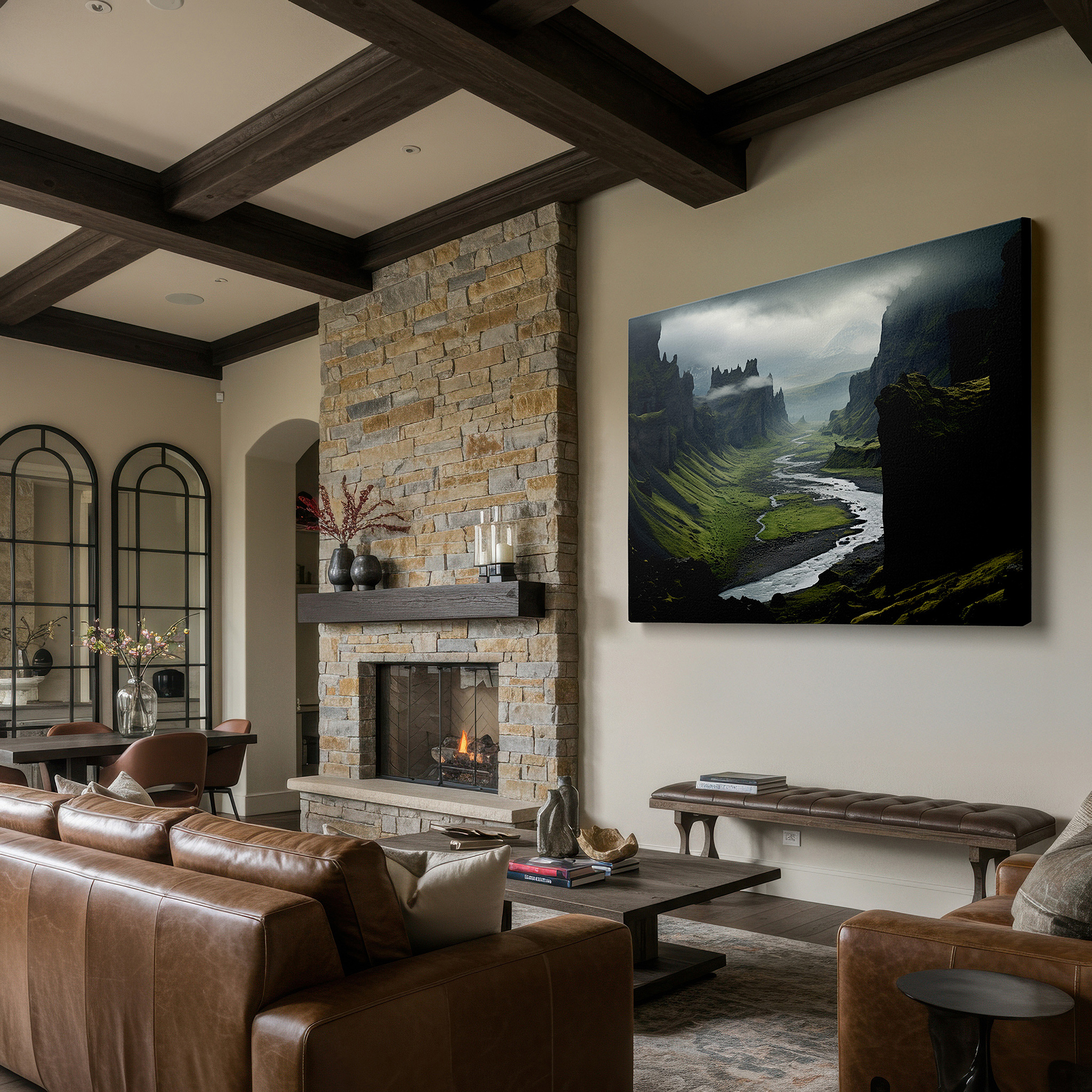 The 75×50 cm version anchors medium rooms without dominating them — majestic valley featuring a meandering river and soaring cliffs beneath overcast skies - large canvas wall art for home and office decor, perfect for living room and bedroom