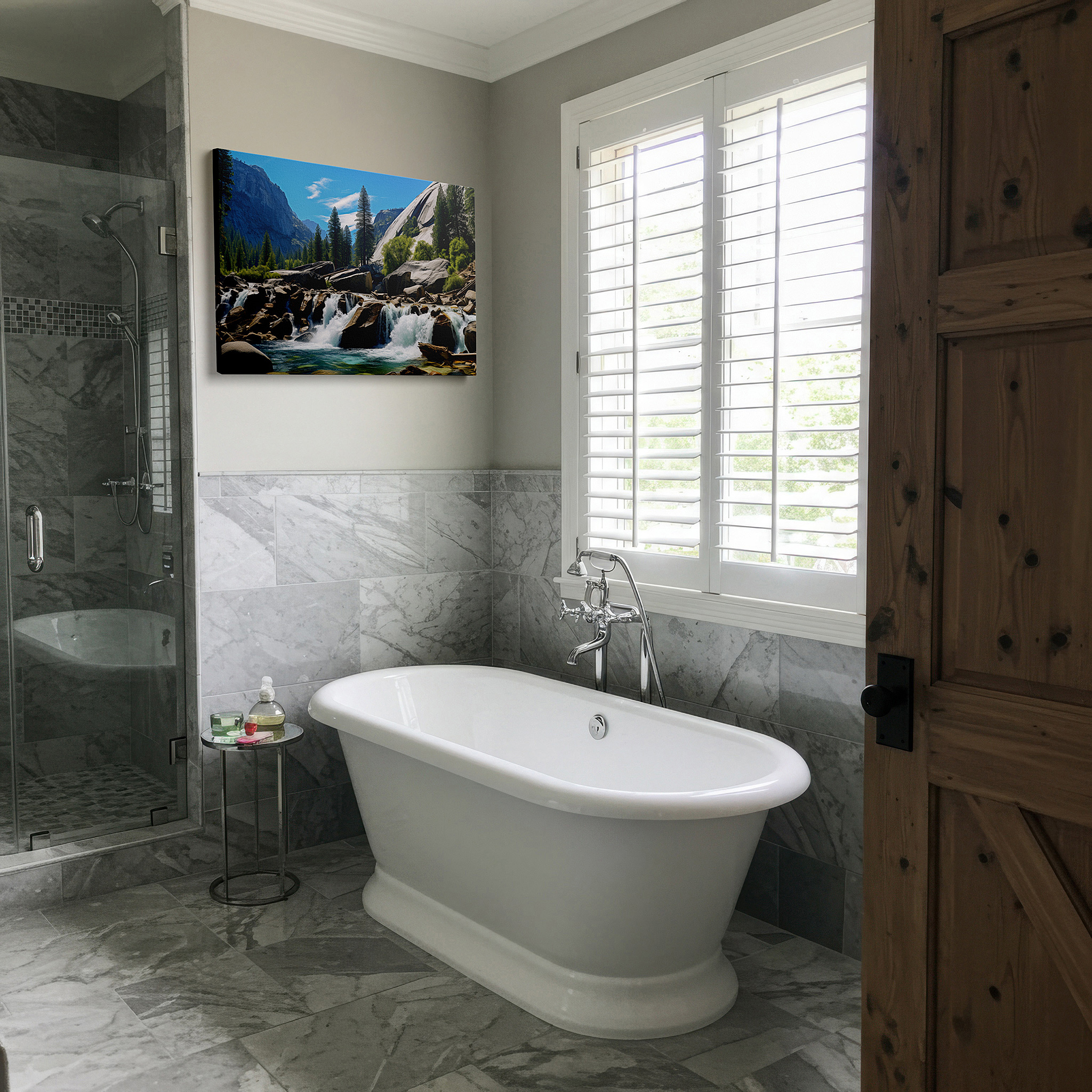 The 75×50 cm version anchors medium rooms without dominating them — majestic waterfall surrounded by lush green peaks under a bright blue sky large wall art, canvas wall art, wall decor for office and bedroom