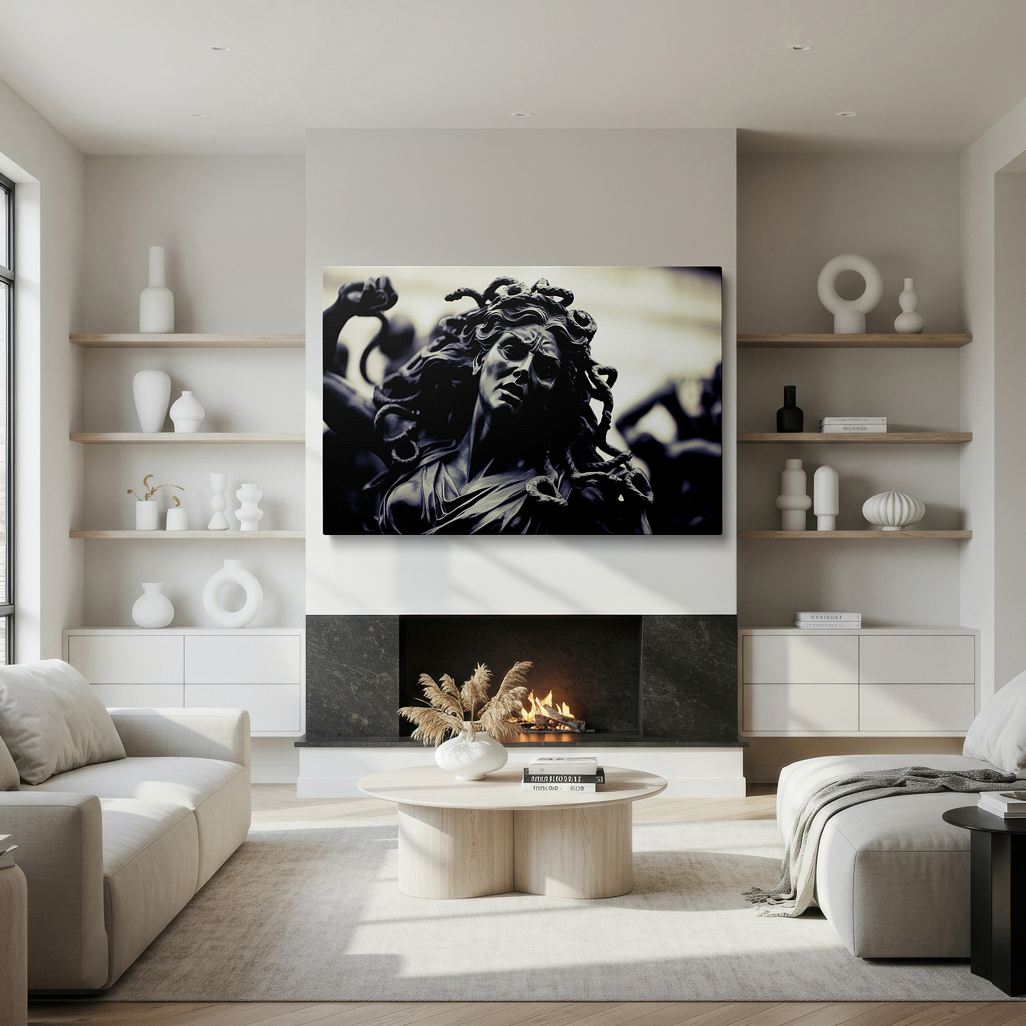 The 75×50 cm version anchors medium rooms without dominating them — medusa's tragic beauty wall art: a fusion of mythological splendor and emotional intensity - ideal for office, bedroom, and home decor