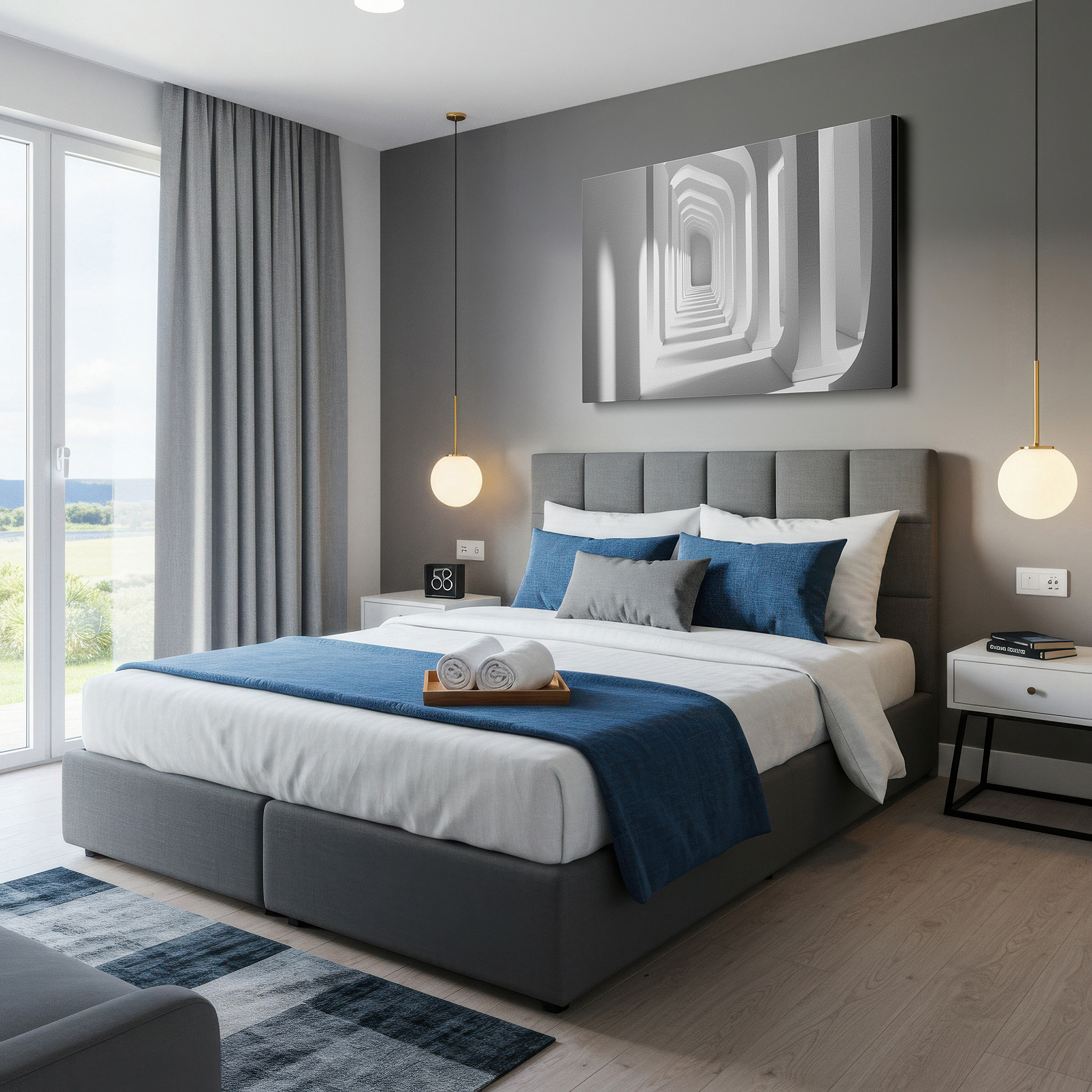 The 75×50 cm version anchors medium rooms without dominating them — minimalist architectural corridor: a serene modern design statement in light and shadow - large canvas wall art for office decor