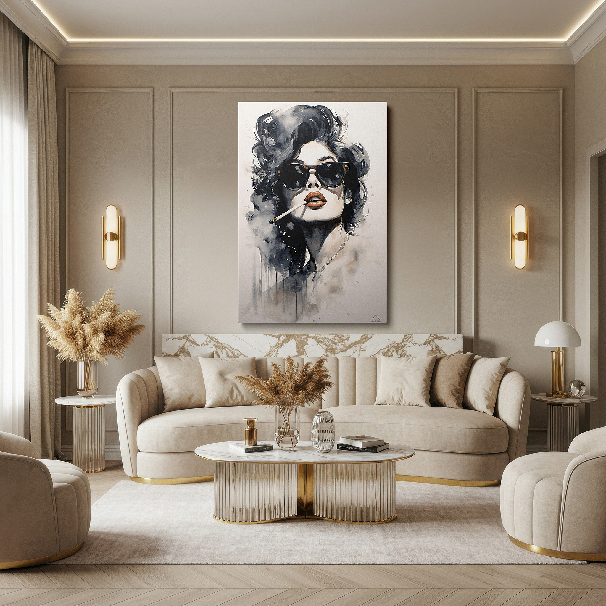 The 75×50 cm version anchors medium rooms without dominating them — modern feminine fashion wall art: timelessly elegant with a hint of mystery - perfect for office, bedroom, and home decor