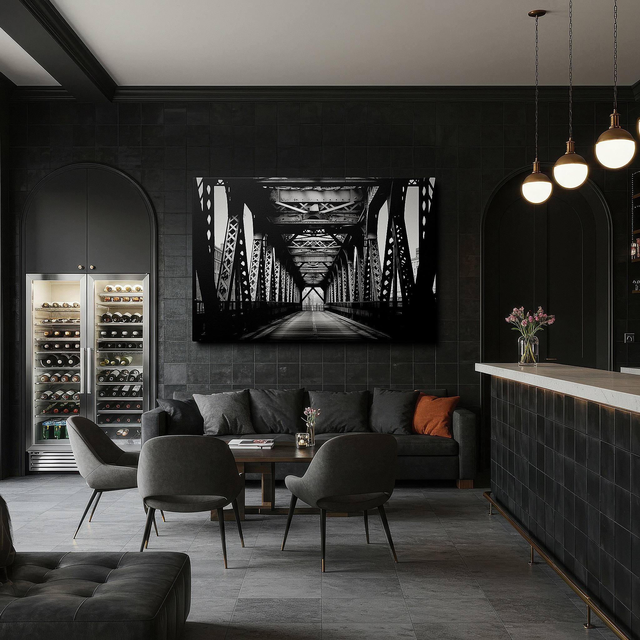 The 75×50 cm version anchors medium rooms without dominating them — monochrome industrial bridge: a study of form and function - large wall art, canvas wall art, wall decor for office and bedroom