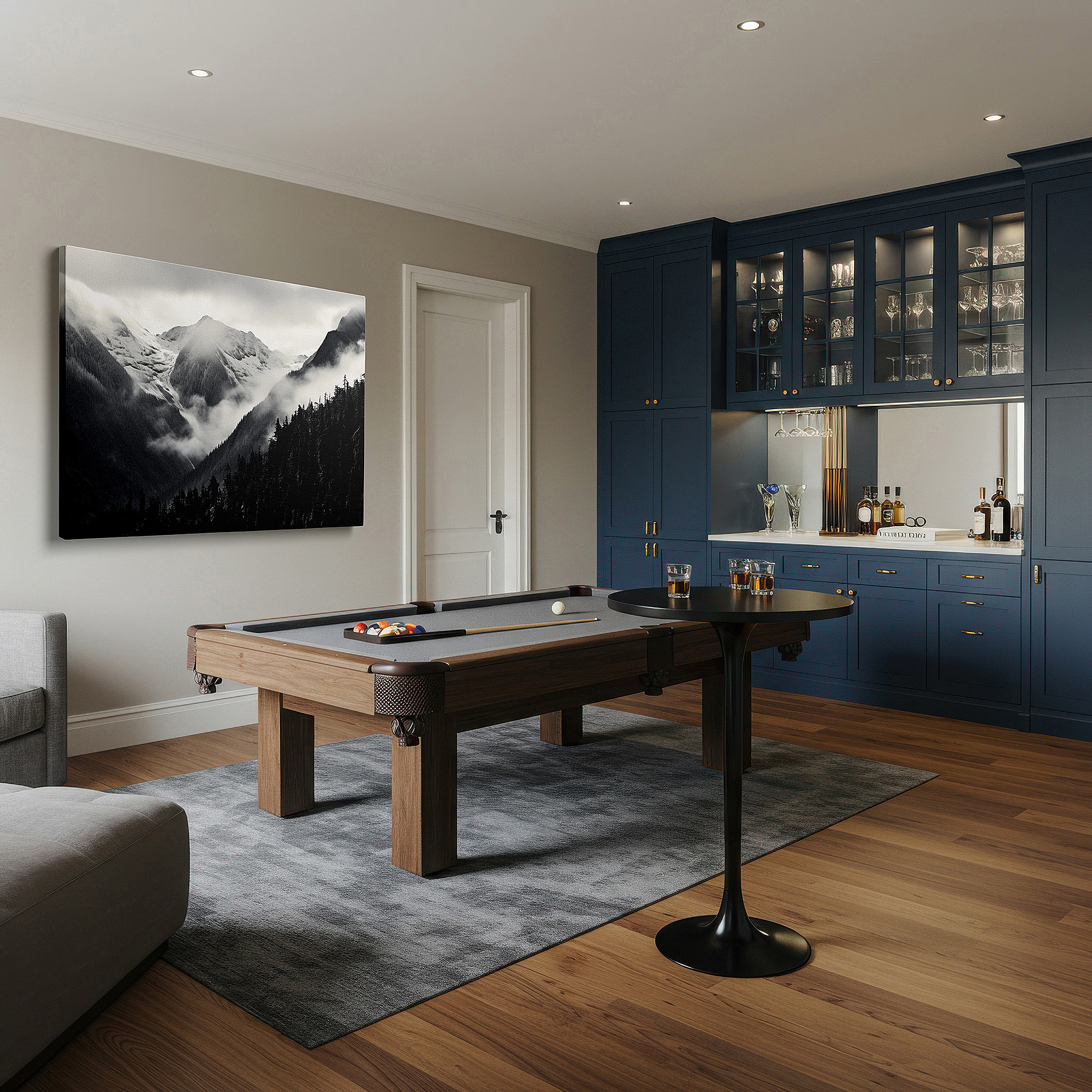 The 75×50 cm version anchors medium rooms without dominating them — monochrome majestic mountains - snow-capped landscape with ethereal mist, large canvas wall art for office and bedroom decor