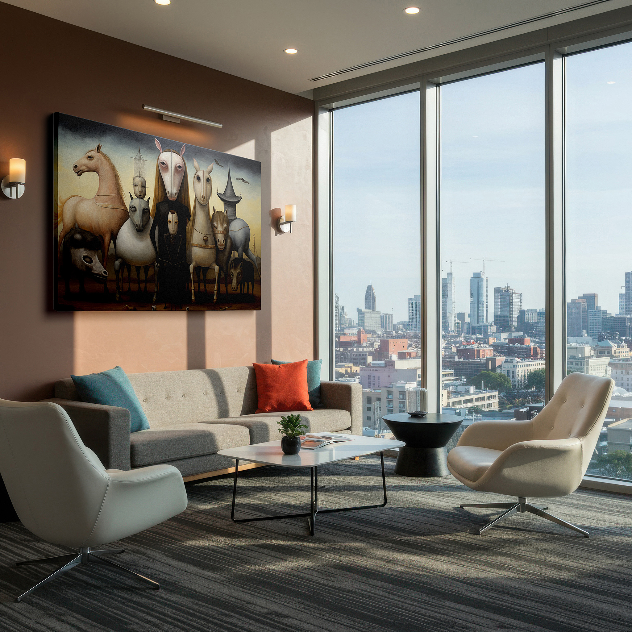 The 75×50 cm version anchors medium rooms without dominating them — mystical dance of wisdom and mystery featuring stylized horses and enigmatic figure, large canvas wall art for office and bedroom decor
