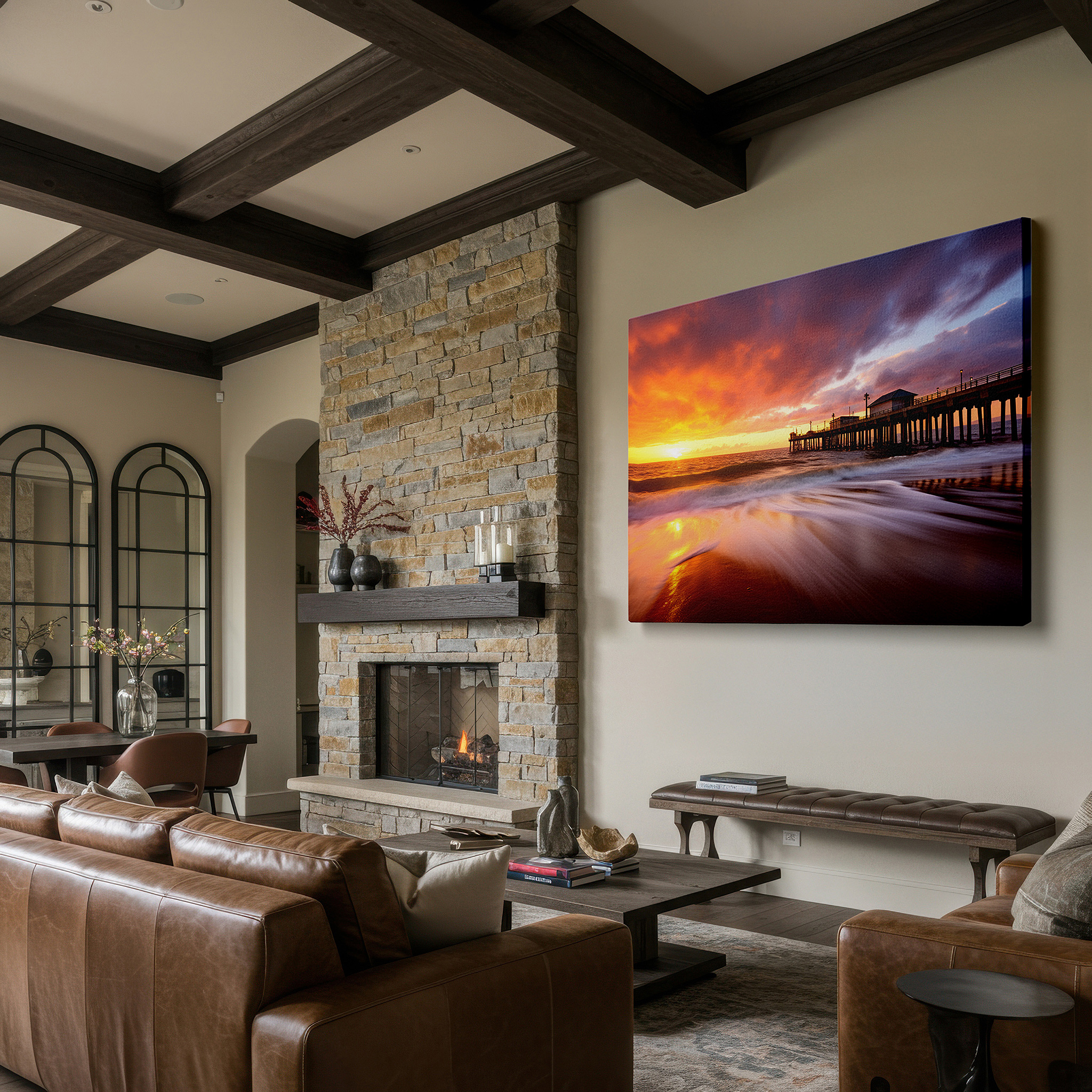 The 75×50 cm version anchors medium rooms without dominating them — ocean pier sunset serenade: large canvas wall art featuring golden sands and gentle waves, ideal for office wall decor