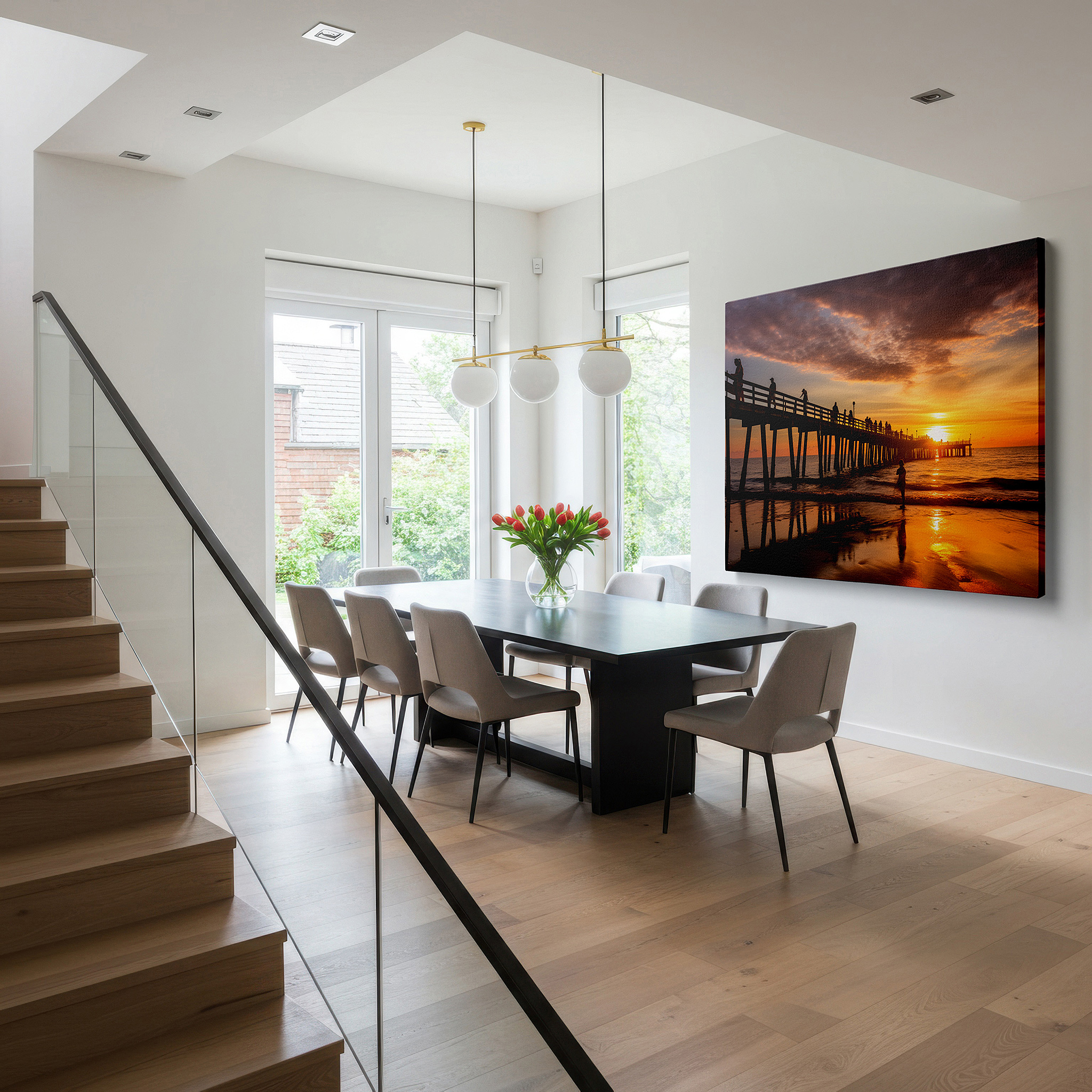 The 75×50 cm version anchors medium rooms without dominating them — ocean pier sunset serenity - tranquil scenery with golden and silvery hues large wall art, canvas wall art, wall decor for office