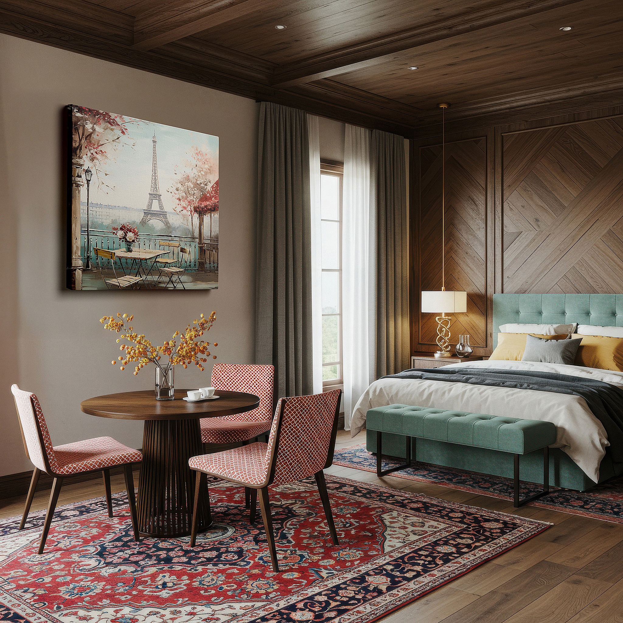 The 75×50 cm version anchors medium rooms without dominating them — parisian elegance wall art featuring a floral balcony and eiffel tower view, ideal for office, bedroom, and living room decor