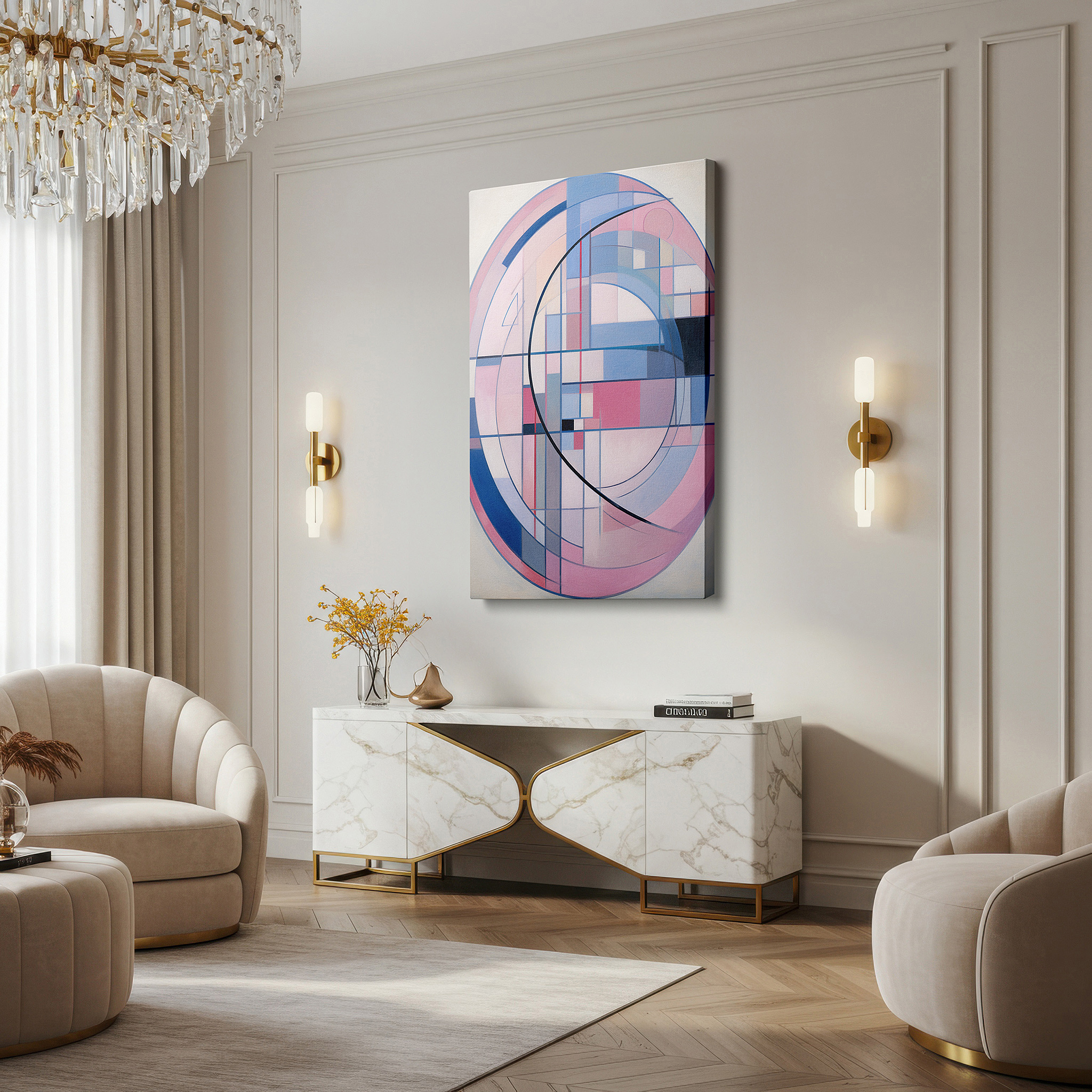 The 75×50 cm version anchors medium rooms without dominating them — pastel hues and fluid lines: serene geometric dance large canvas wall art for office, bedroom, and living room decor