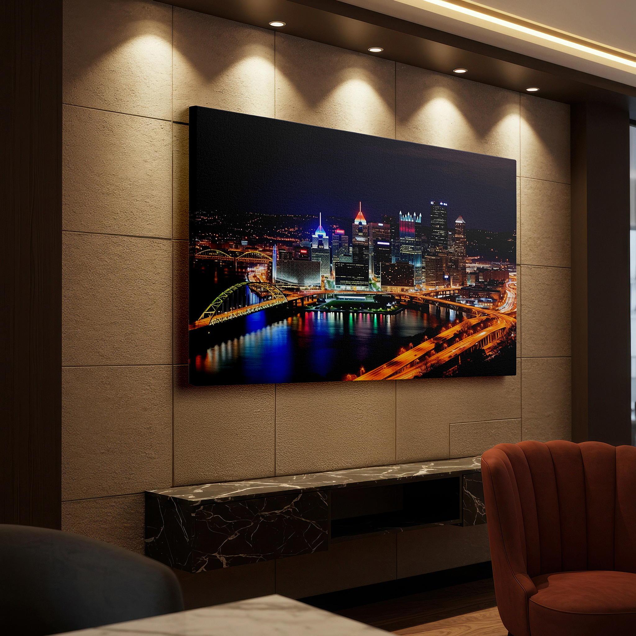 The 75×50 cm version anchors medium rooms without dominating them — pittsburgh's nighttime beauty: a wide-angle display of glowing skyscrapers and bright bridges - large wall art, canvas wall art, wall decor for office