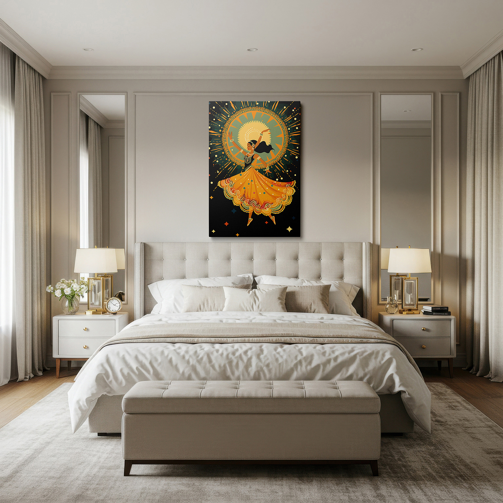 The 75×50 cm version anchors medium rooms without dominating them — radiant yellow dress dancer wall art: celebrating festivity and cultural vibrance - perfect for office, bedroom, and home decor, available in large canvas prints