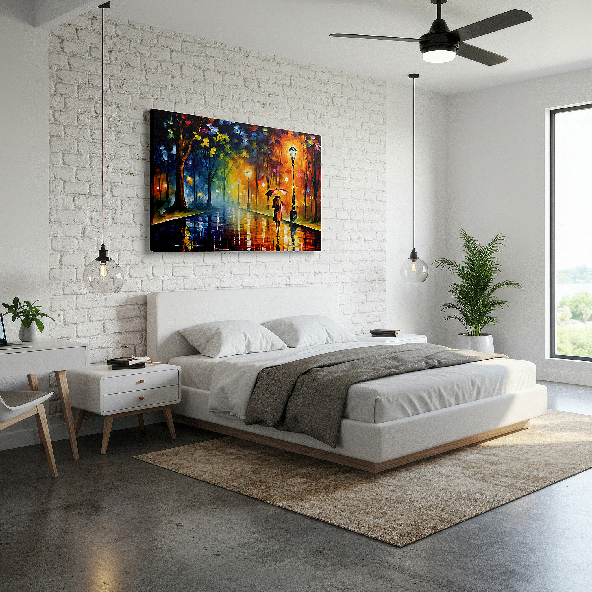 The 75×50 cm version anchors medium rooms without dominating them — rain-swept streets with ethereal lights - serene urban evening large wall art, canvas wall art, wall decor for office, bedroom, and living room