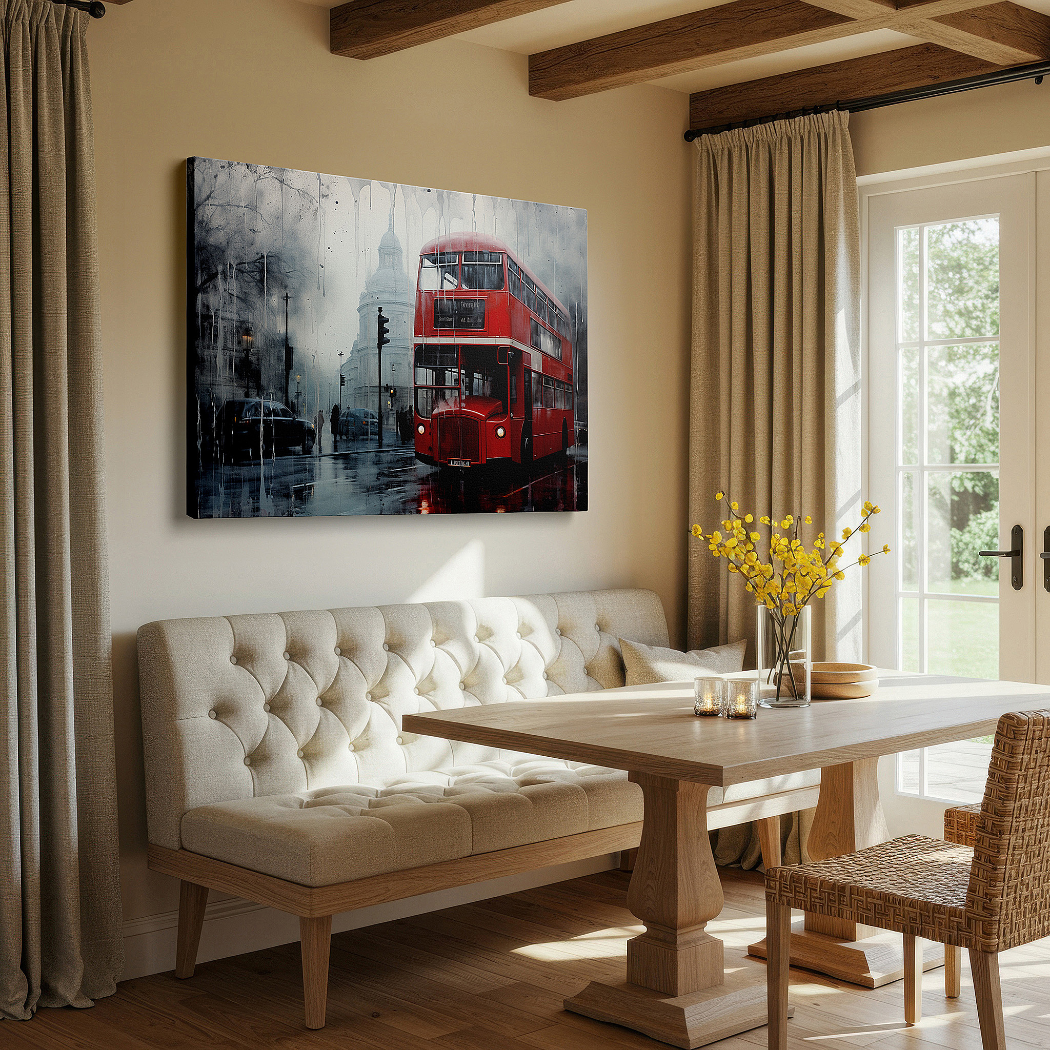 The 75×50 cm version anchors medium rooms without dominating them — red double-decker bus on a foggy london street large wall art, canvas wall art, wall art