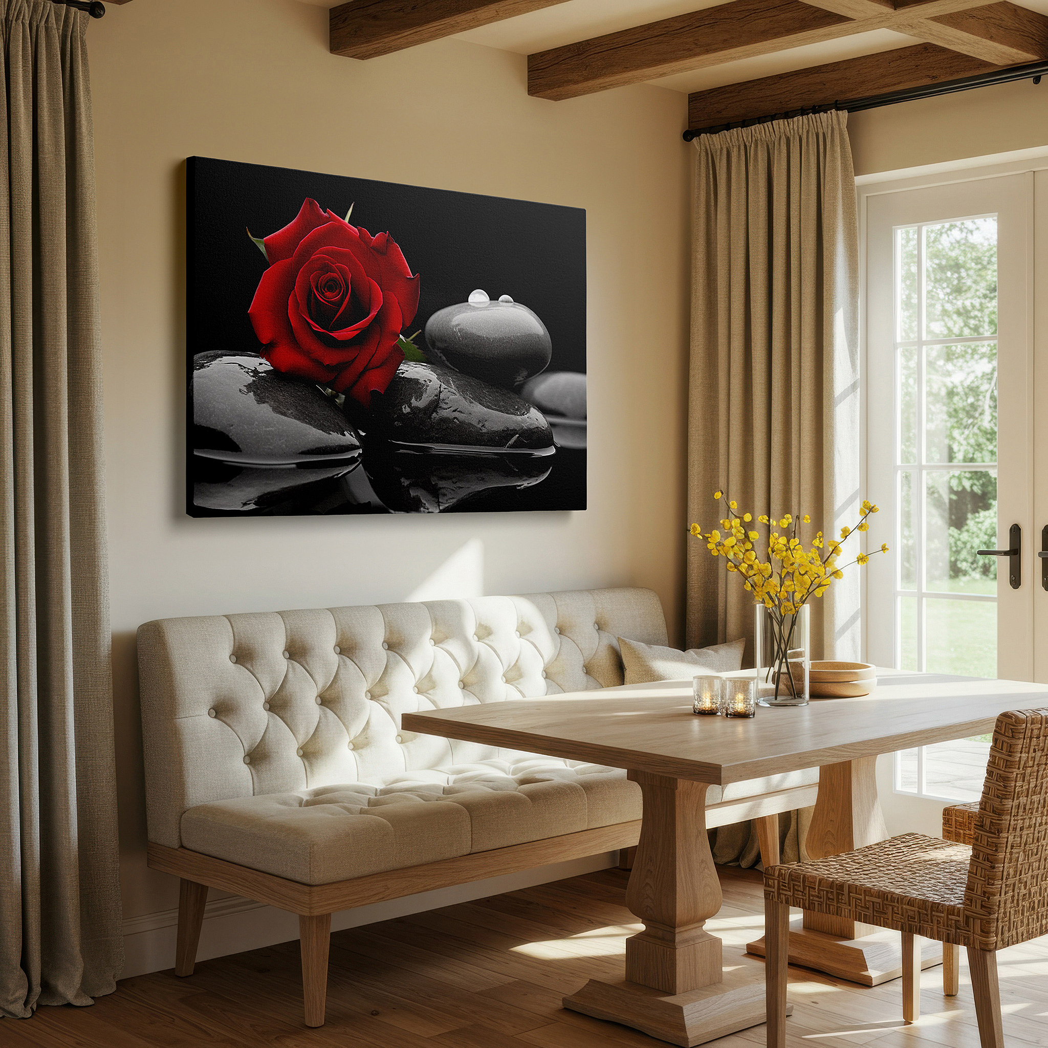 The 75×50 cm version anchors medium rooms without dominating them — red rose on black stones wall art: a symphony of contrast and harmony - large canvas art for home and office decor, perfect for living room and bedroom